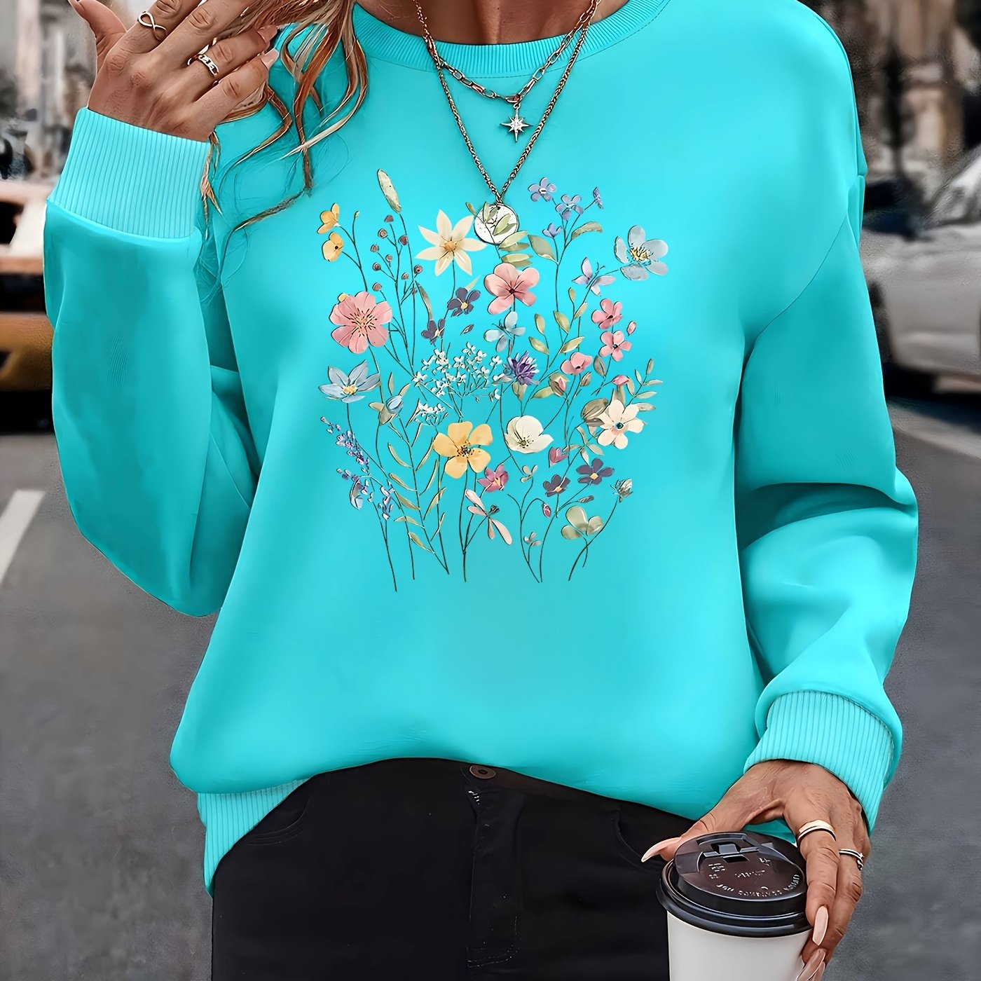 E-shop Blumenmuster Langarm Rundhals Sweatshirt Damenbekleidung
