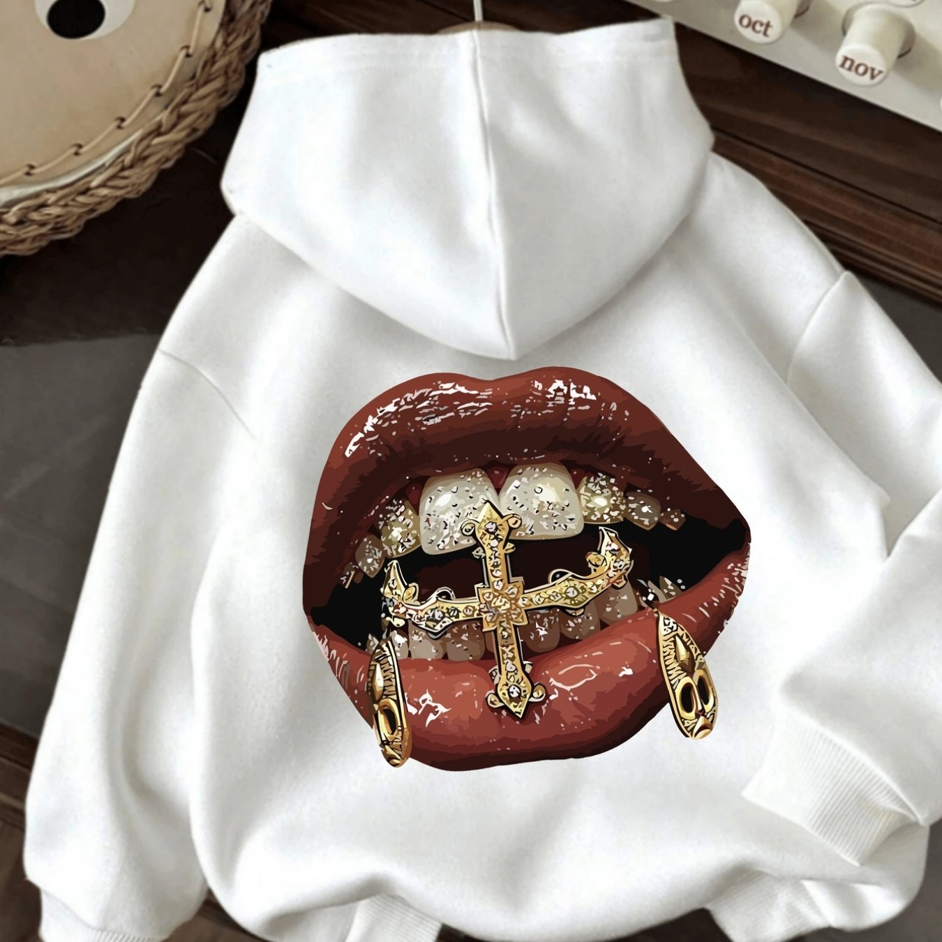 Image of A Lip With Cross And Grills Design Trendy Sweatshirt Woman's Hoodie High Quality Thick Sweatshirt Autumn Winter Casual Wear Gift For