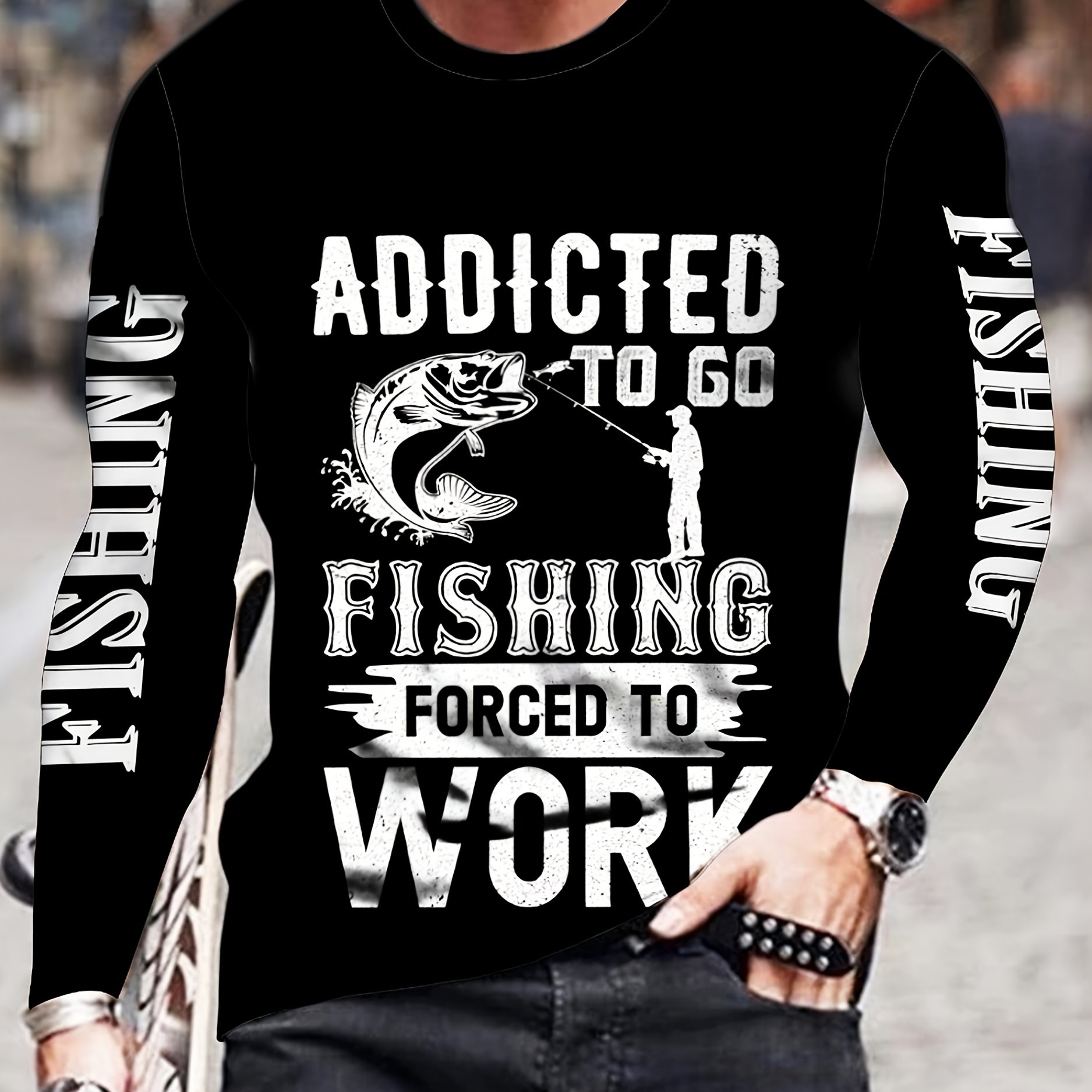 TEMU Men's Quick-dry Fishing Shirt - Moisture-wicking, Long Sleeve, Crew Neck With Unique ' , Forced To Work' Print - Outdoor Activities & Sports