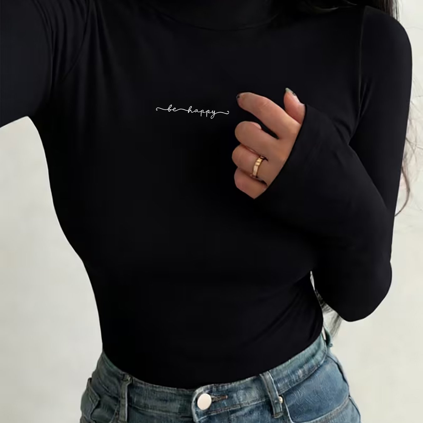 TEMU Handwritten Line Art Velvet Warm Women's Autumn/winter Y2k Casual Slim- Layer Long Sleeve Thickened Warm T-shirt, Fashionable Slim-fit High Neck