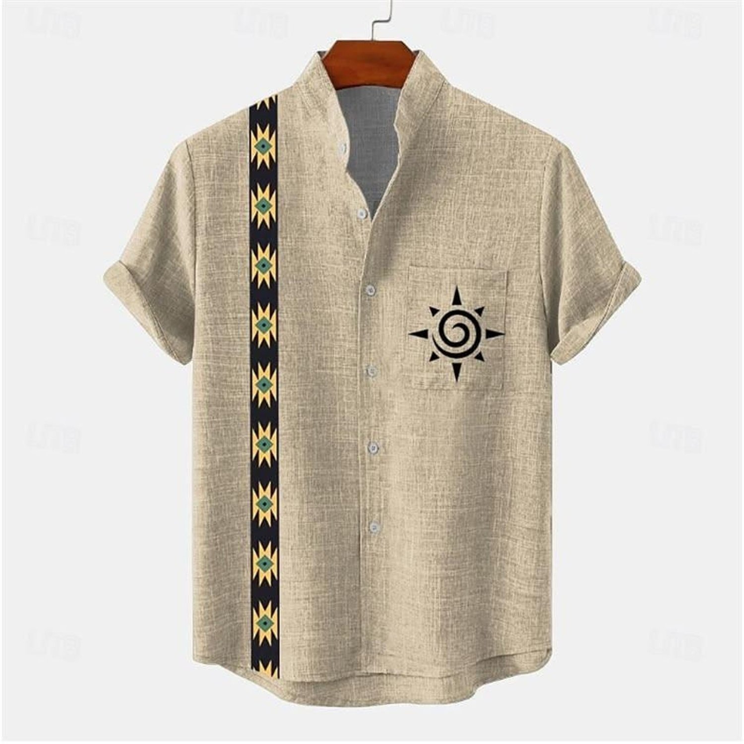 Image of Men's Button-up Short-sleeved Shirt, Mixed Color, Multi-specs, Textured Polyester Fabric, Chest Pocket With Black Spiral-star, Left Vertical Stripe, For Daily Wear