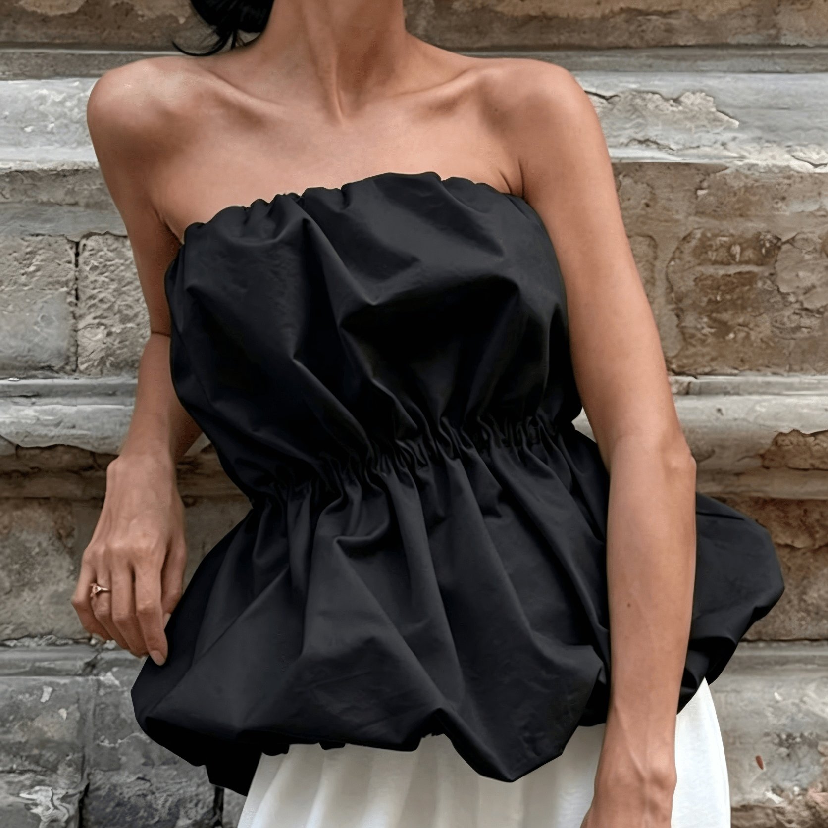 TEMU Solid Color Sleeveless Off-shoulder Elastic Waist Strapless Women's Top, Women's Summer Clothing, New Fashionable Designer Balloon Top
