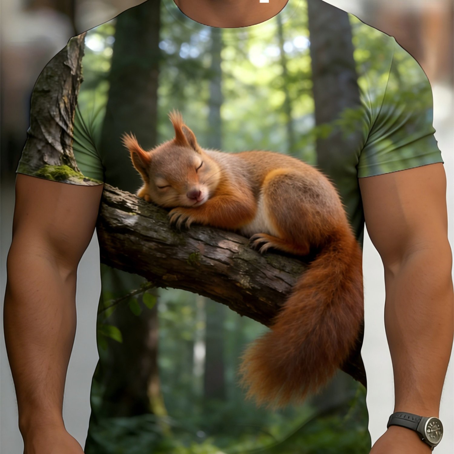 TEMU [printeddesign-nottextured] Men's Short-sleeve, Squirrel  Forest Background  Warm Green Color Scheme, Natural And Soothing Style, Appealing And