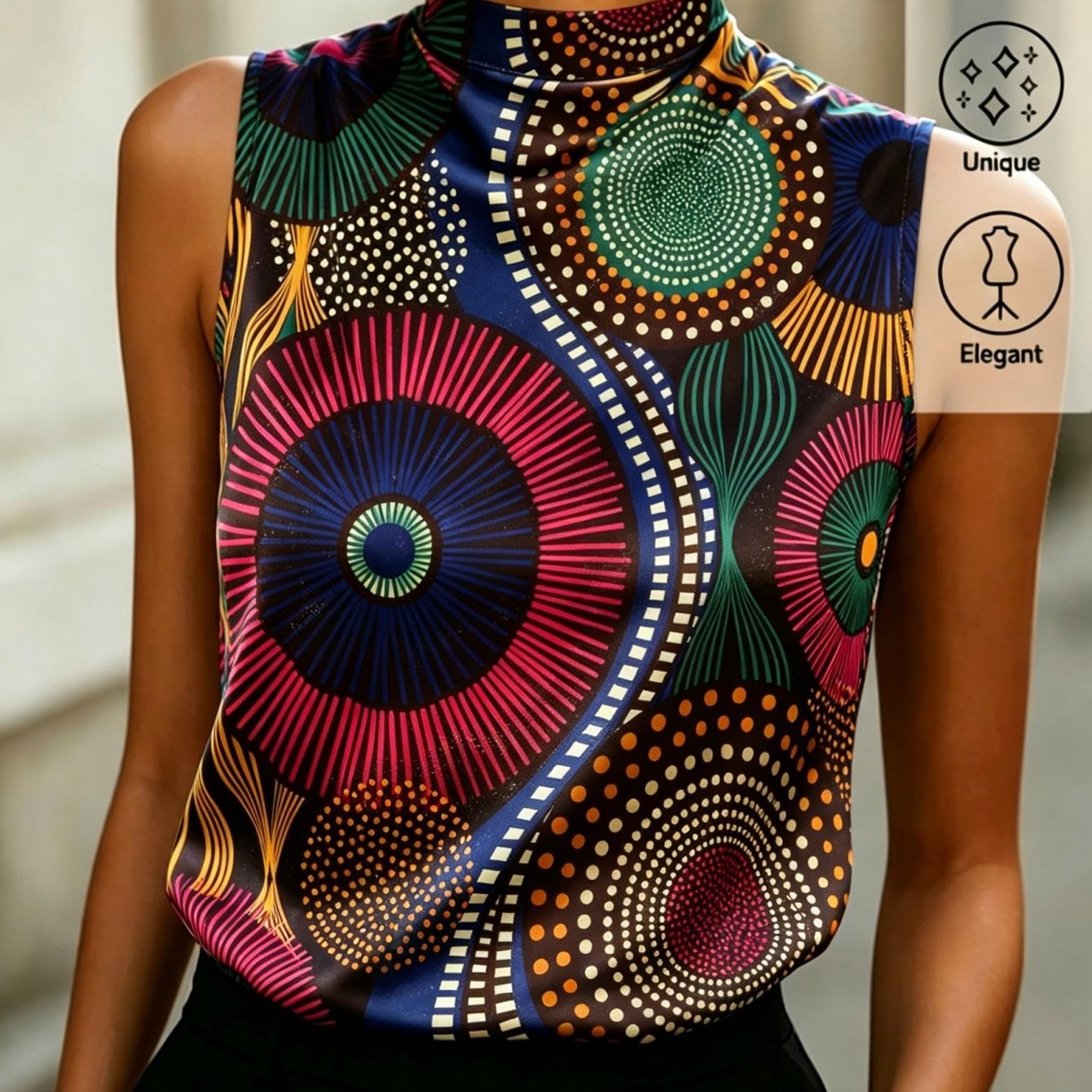 Image of Women's Summer Tops Satin Sleeveless Blouse Collar Tank Top Circular Patterns Geometric Dots Colorful Elegant Comfortable Summer Women's Apparel Fashion Ideal For Dates Daily Wear Perfect Gift Option
