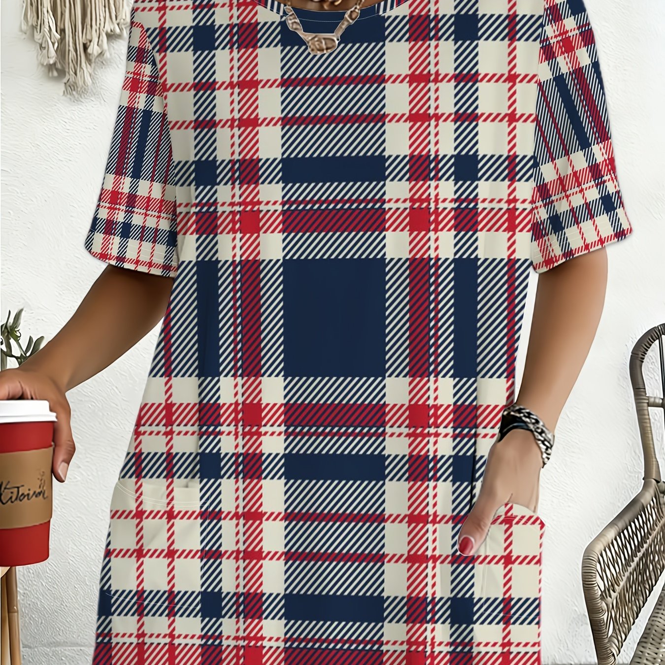 TEMU Plus Size Women's Summer And Blue Checkered Vintage British Style Printed Short Sleeve Crew Neck T-shirt With Pockets, Sporty Casual Comfortable