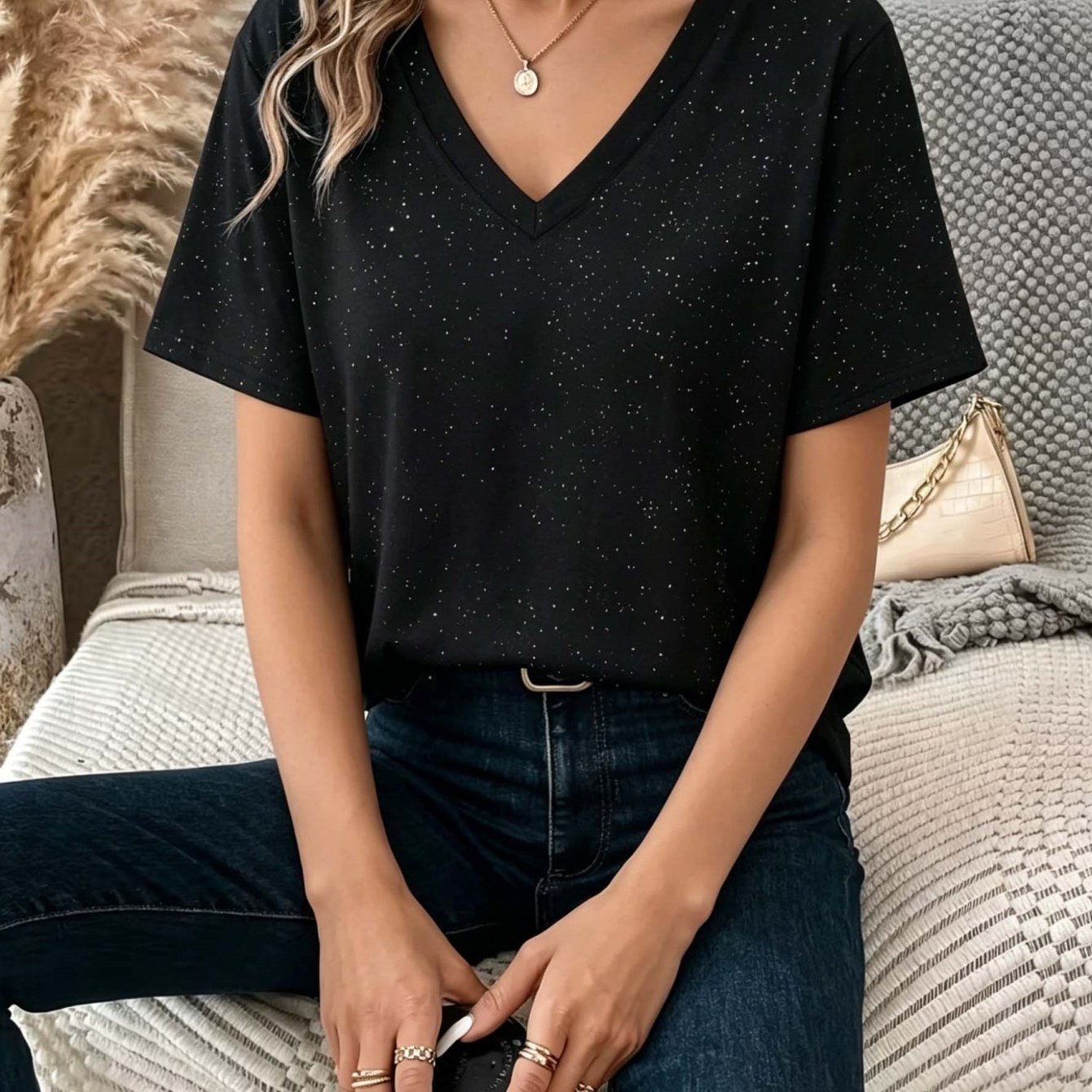 TEMU V-neck Sequin Short Sleeve Summer Loose Versatile T-shirt