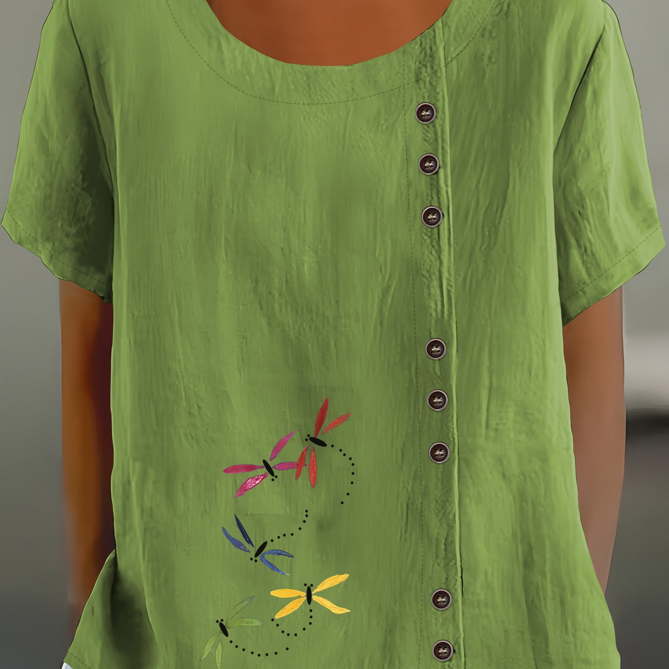 TEMU European And American Popular Loose Creative Letter Bohemian Floral Pattern Button Round Neck Women's Short-sleeved Shirt, Round Neck