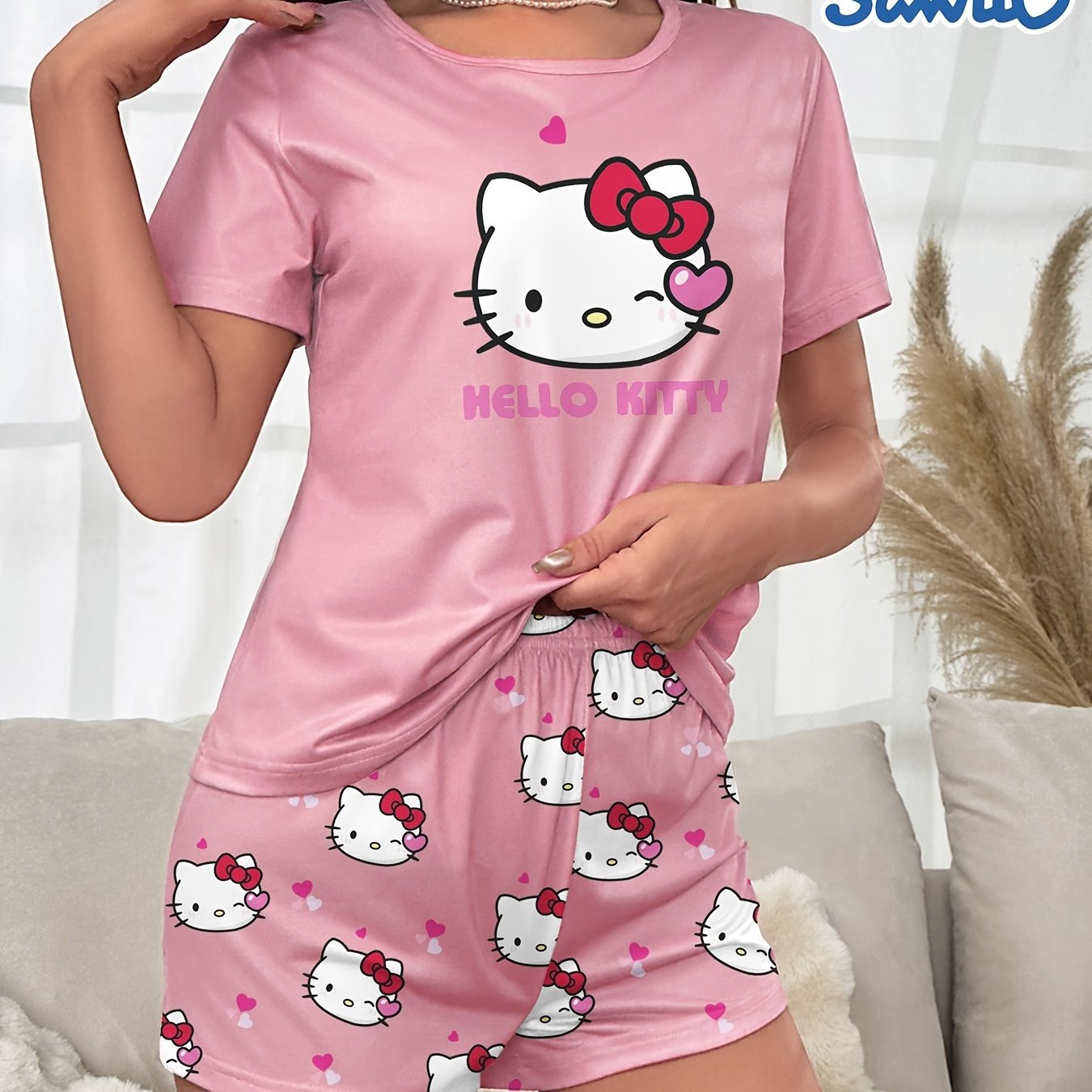 Image of Hello Kitty Cartoon Pattern Pajamas Homewear Round Neck Short Sleeve Shorts Pink Cute Casual Pajama Set