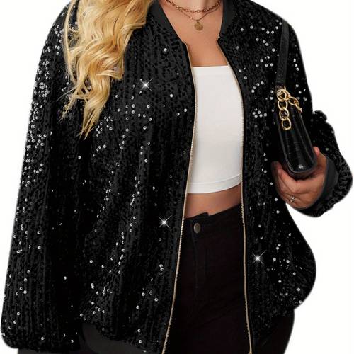womens sequin jacket plus size sparkle long sleeve jackets front zip loose casual with pockets