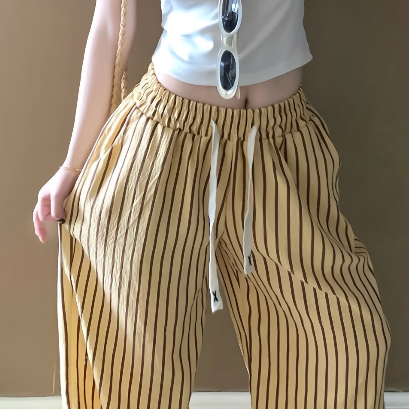 TEMU Petite Women's Relaxed Japanese-style Vintage Vertical Stripe Sleep Pants, Lightweight Loose-fit Casual Summer Pants For Lounging And Strolling