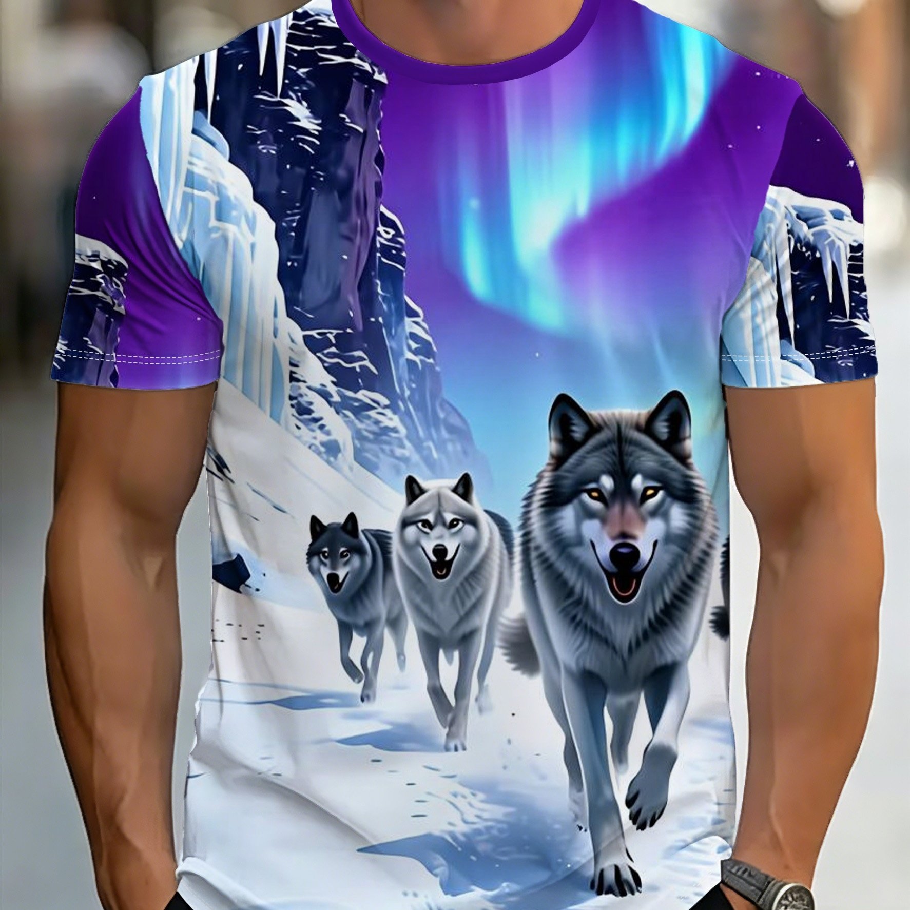 TEMU Full-body , Wolf Pc, Scenery, Men's Crew Neck Short Sleeve, Loose And Breathable, Unisex, Outdoor Travel, For Nature Scenery Lovers, Summer Top