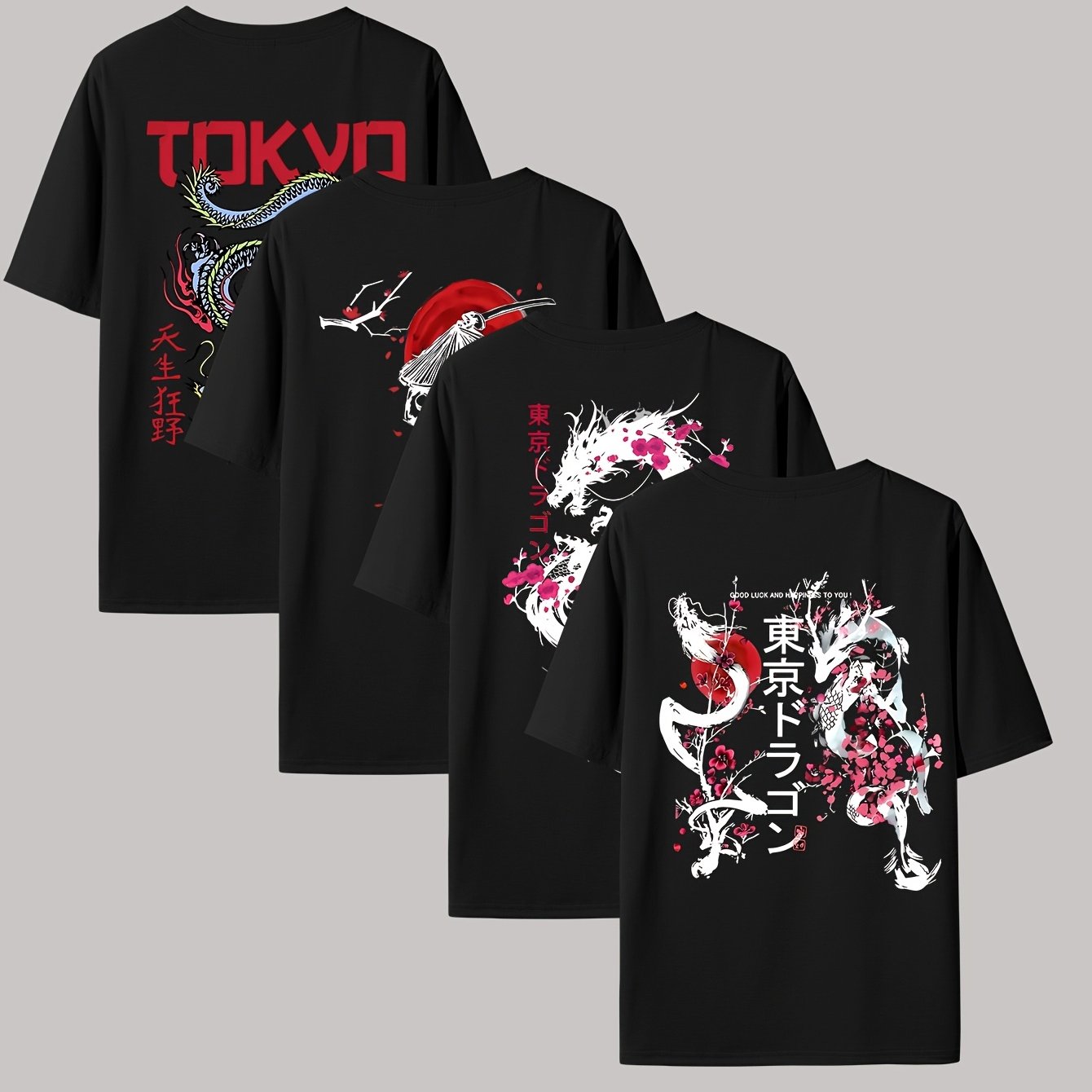 TEMU 4pcs Men's Japanese Dragon Print T-shirt - Casual Round Neck Short Sleeve Tee Suitable For Wear, Machine Washable Comfortable Daily Wear With