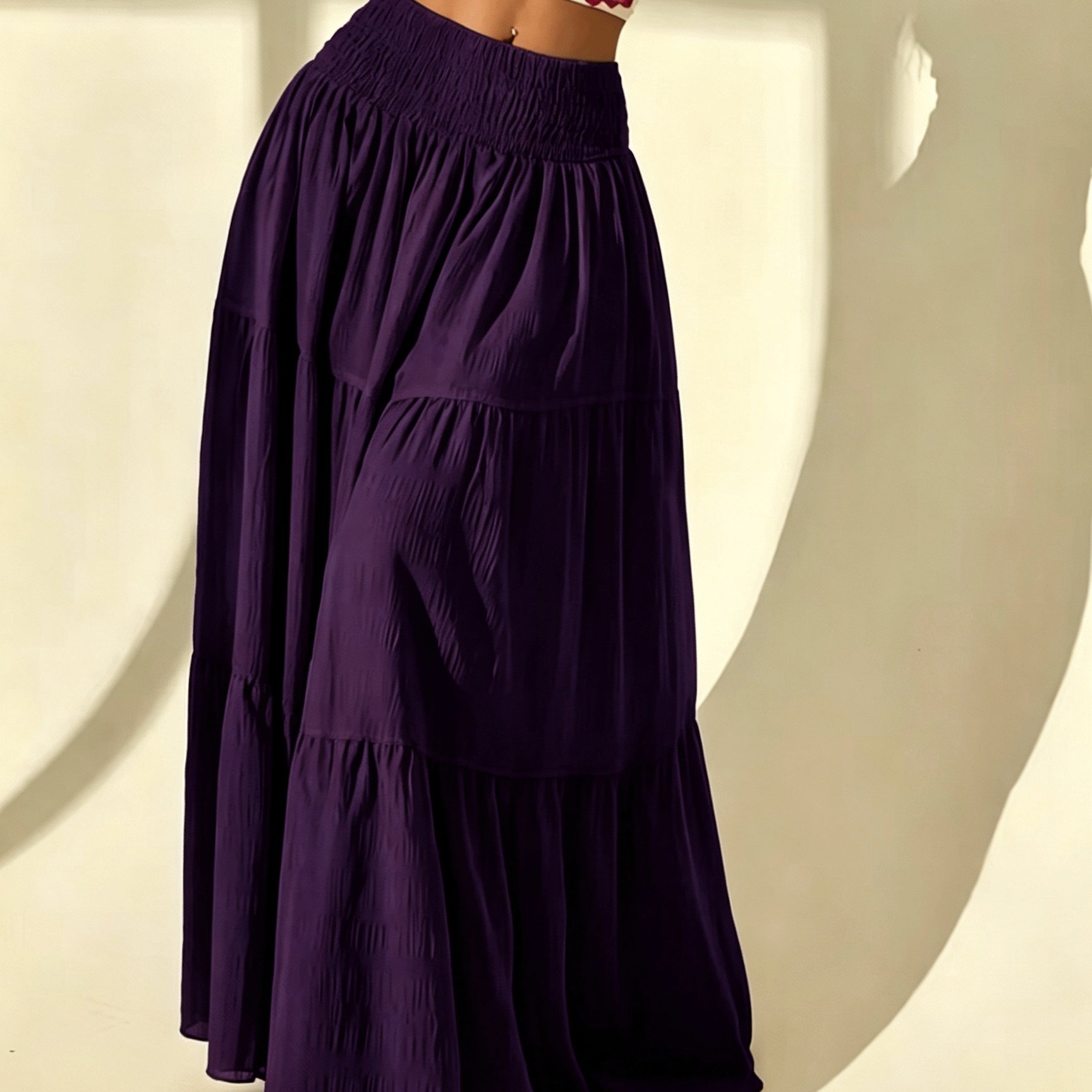 TEMU Bohemian Tiered Maxi Skirt, High Waist Smocked A-line Flowy Long Skirt, Casual Loose Pleated Solid Color Skirt For Beach Vacation Daily Wear,