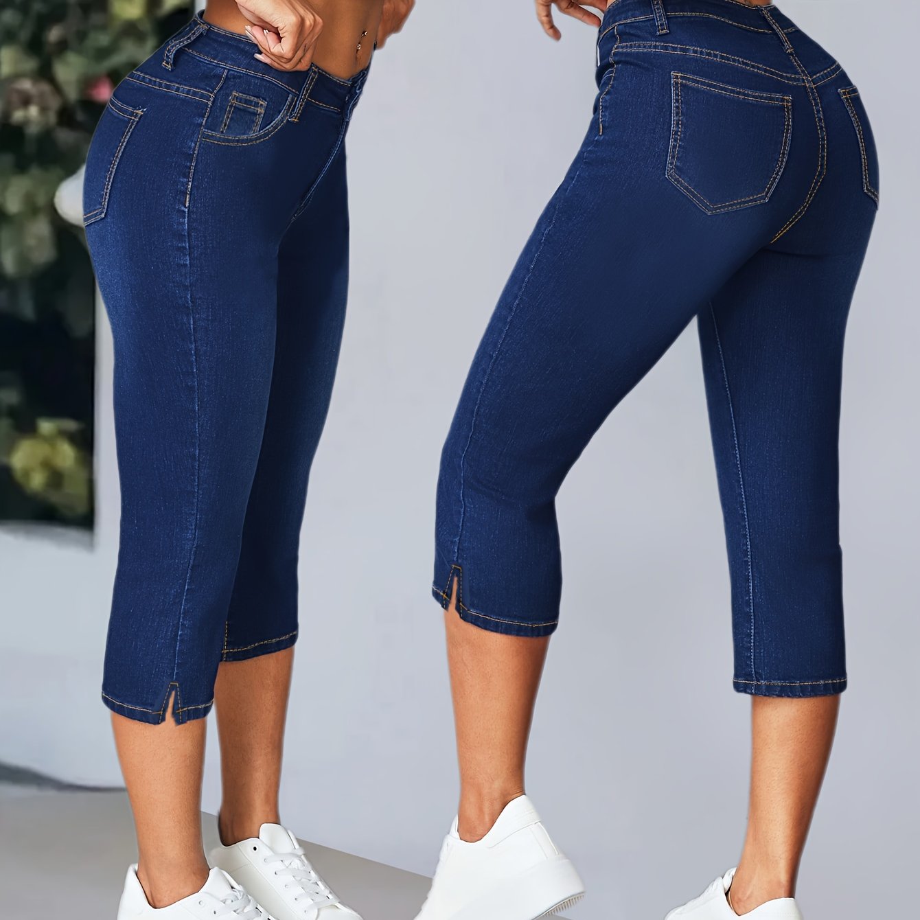 TEMU Women's High-waisted Mid-rise Stretch Denim Capri Pants - Elegant Slim Fit With Button Closure, Ripped Detail, And Flared Hem, Light Blue,