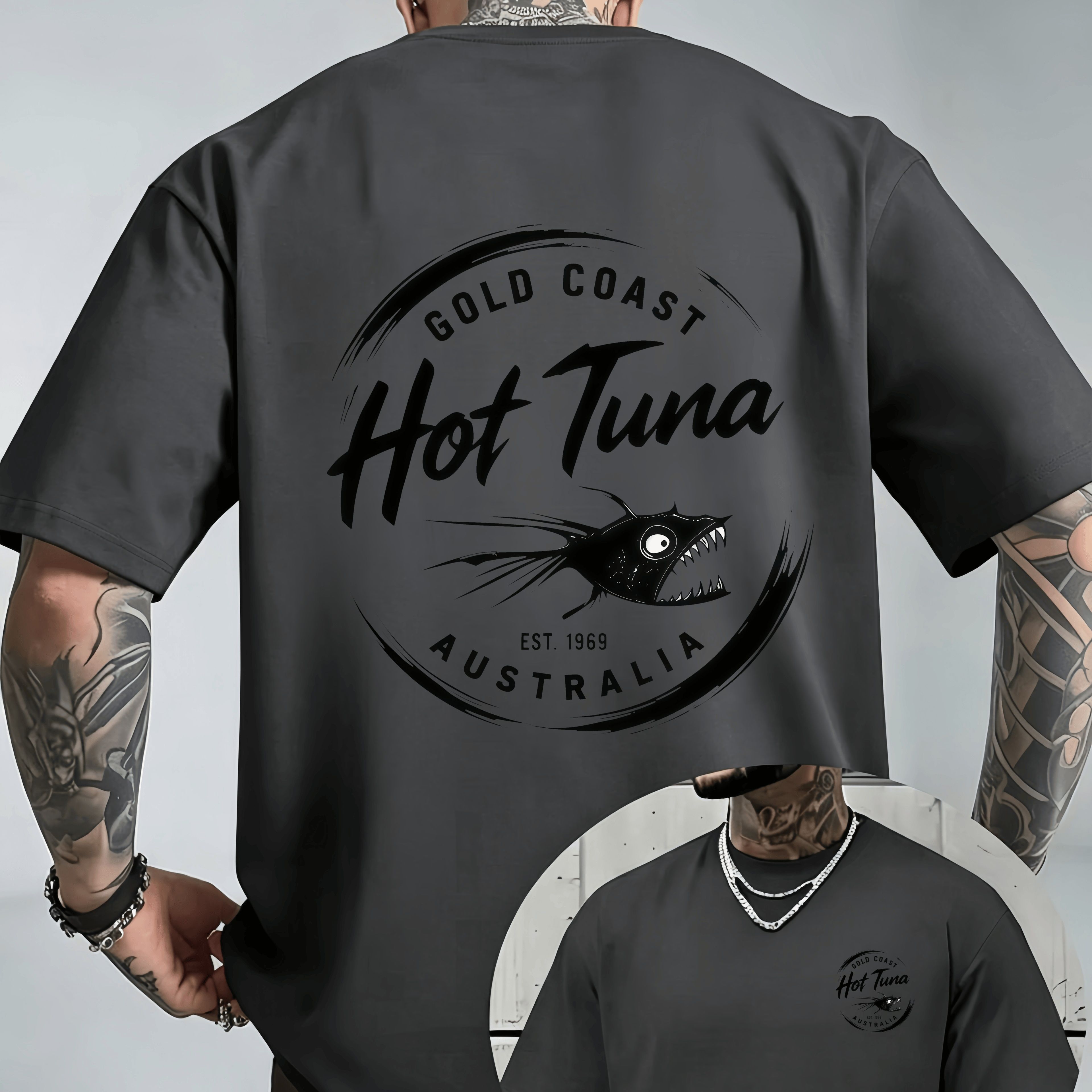 TEMU Washed Plus Size Men's T-shirt Healthy Fish Print Short Sleeve Golden Surfing Street Style Top