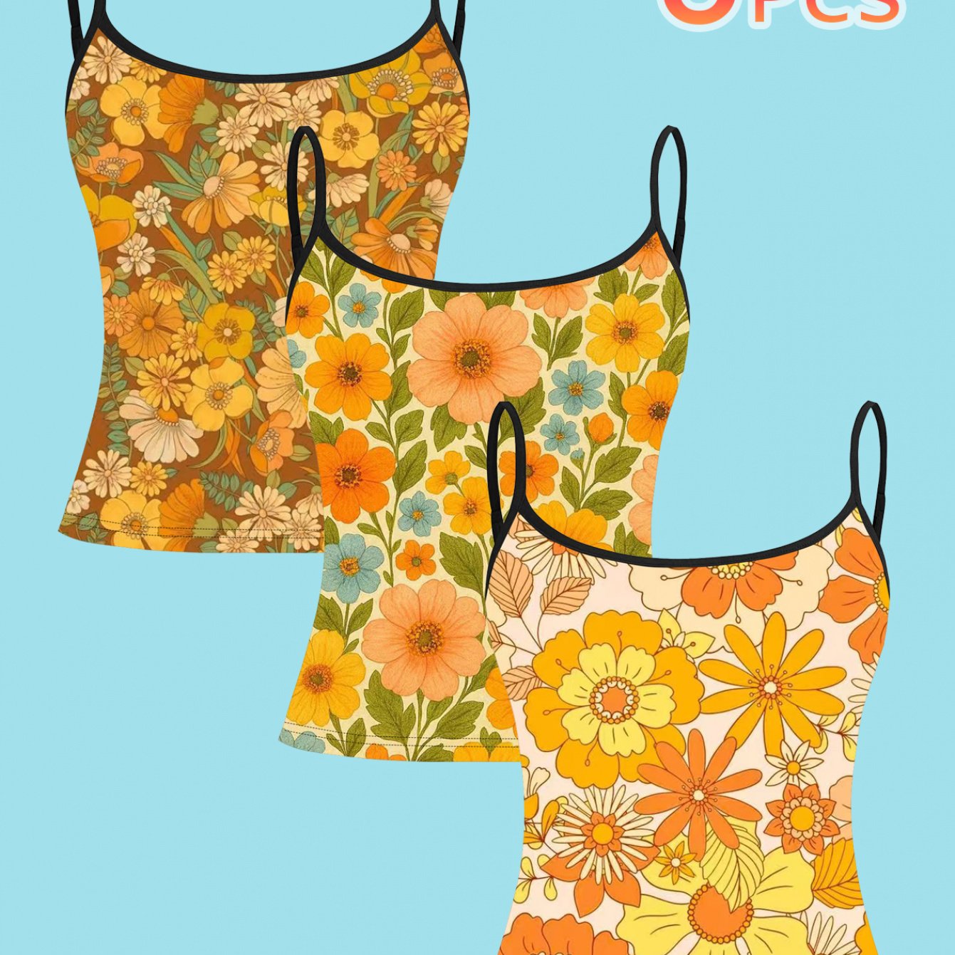 TEMU Set Of 3 Vintage 70s Floral Print Camisoles For Women, Featuring Thin Straps, Perfect For A Trendy American Countryside Look