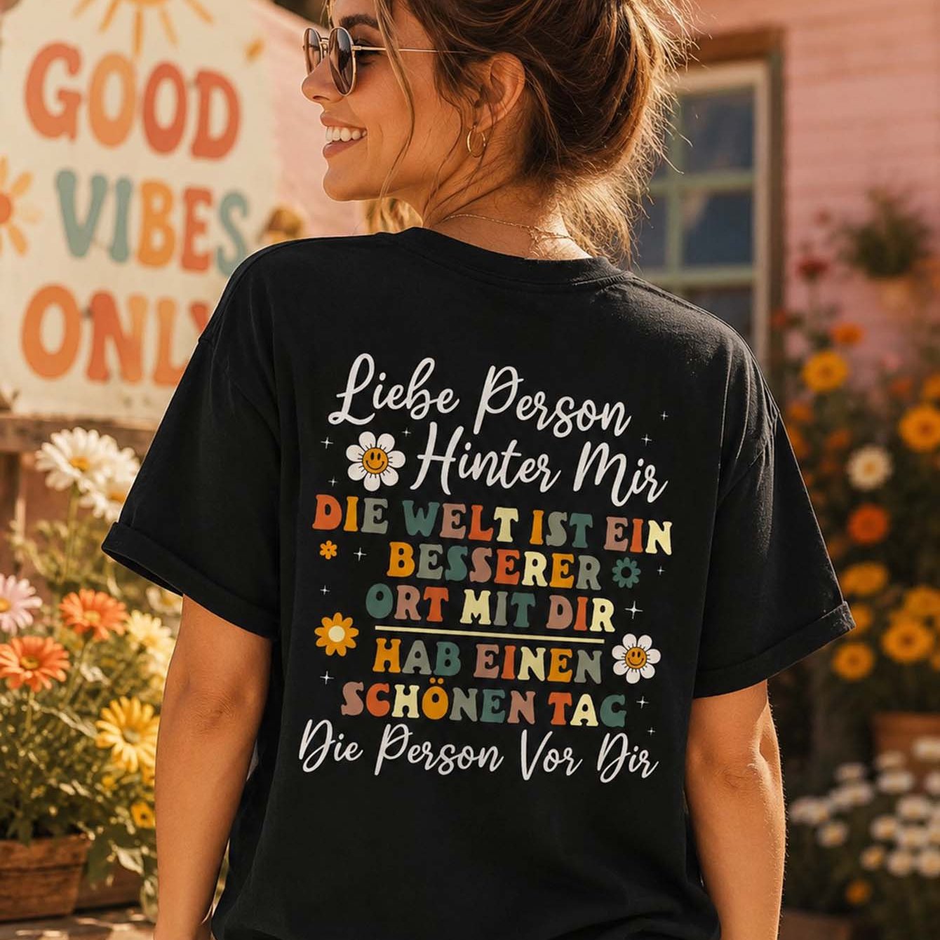 Image of Person Behind Me The World Is A Better Have The Person In Front Of You Floral Text Print Back Print T-shirt Unisex T-shirt Casual Short Sleeve Black Loose Fit Daily Wear