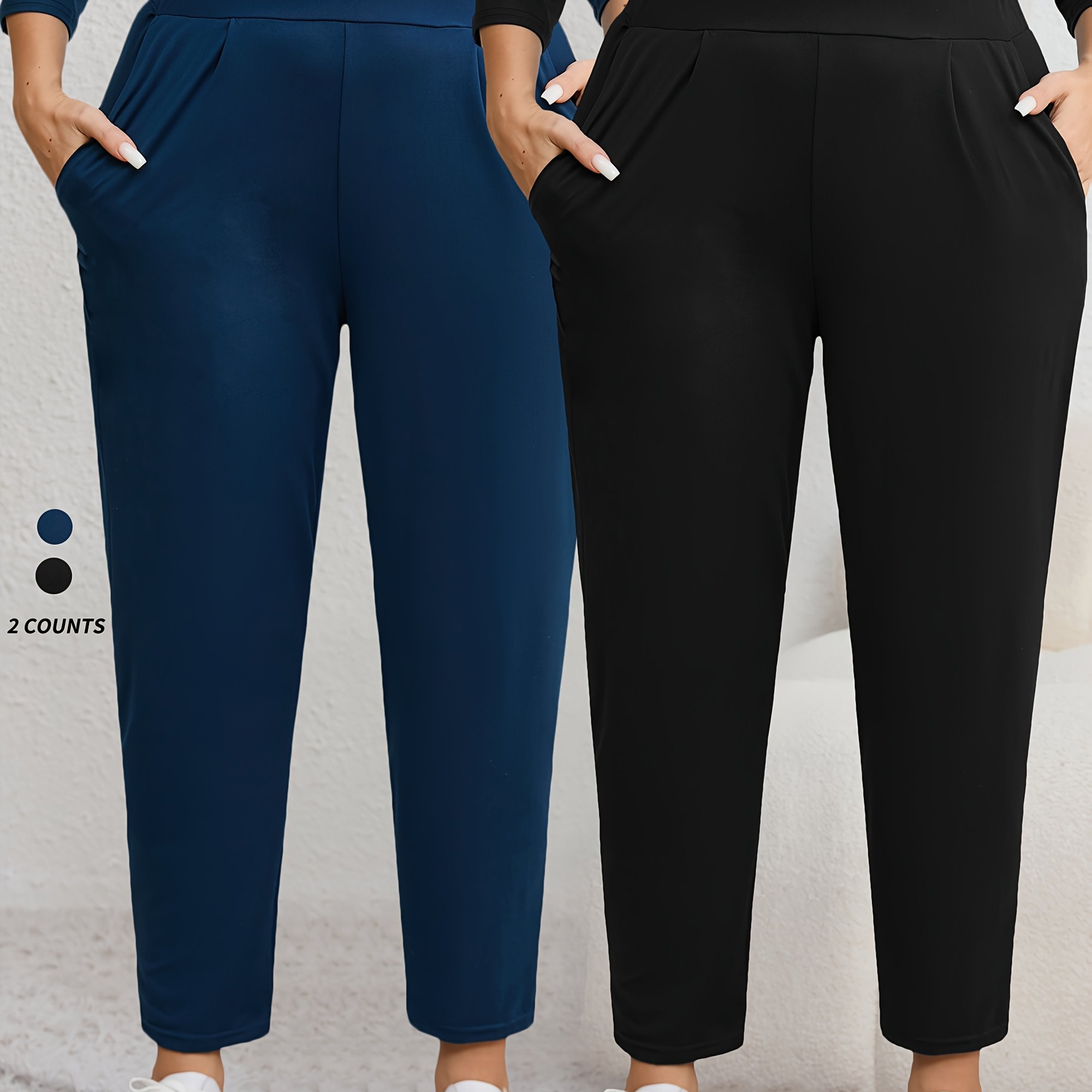 Image of Plus Size, K1120plus(2) Two-pack Cross-border Plus Size Women' Color High-waisted Pleated High Elasticity Harem Pants, Casual Versatile Long Pants For , S, And Commuting