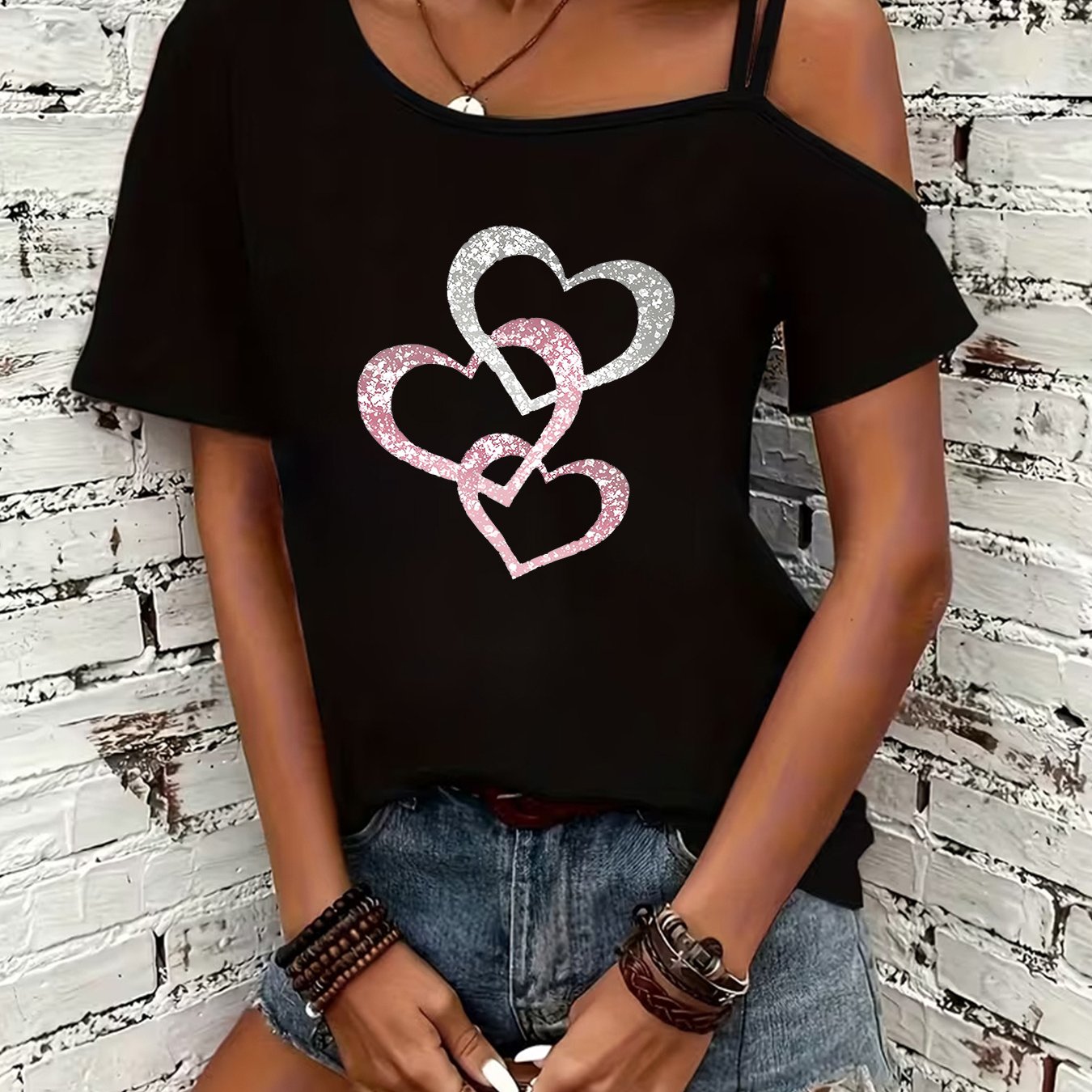 TEMU Women's Fashion Bohemian Style Floral Print T-shirt, Sexy Off-shoulder Thin Strap Short Sleeve T-shirt, Summer Casual Shoulder Strap , Suitable
