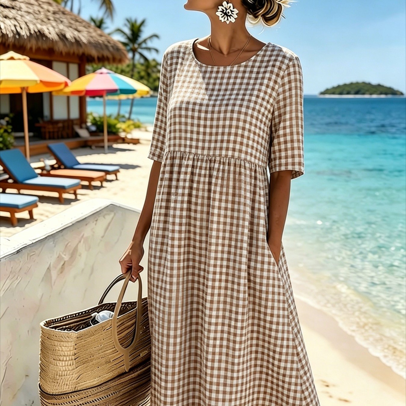 Women's Elegant Midi Dress - Casual 3/4-sleeve, Crew Neck, Loose-. Machine Washable. A Comfortable Beach & Vacation Dress, Perfect For Travel, Getaways, And Everyday .