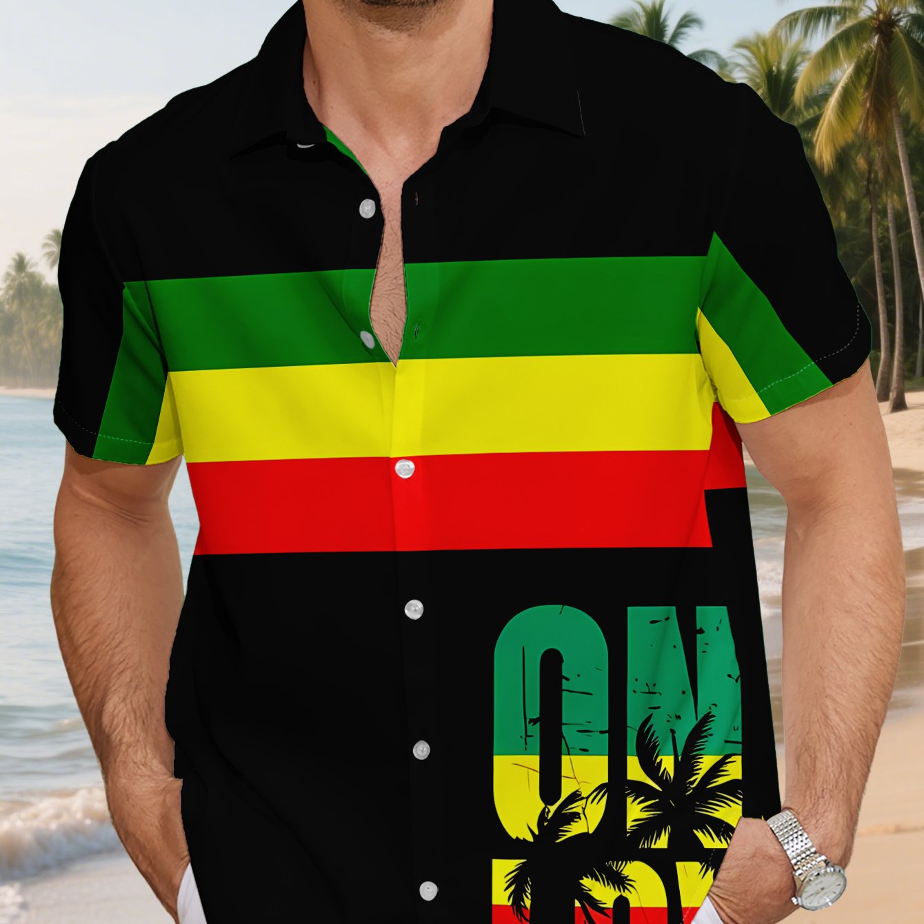 TEMU Men's Loose Short-sleeve Shirt Featuring A With Green, Yellow, And Red Stripes, Along With A Colorful Palm And The Words '' - Seasonal Travel,