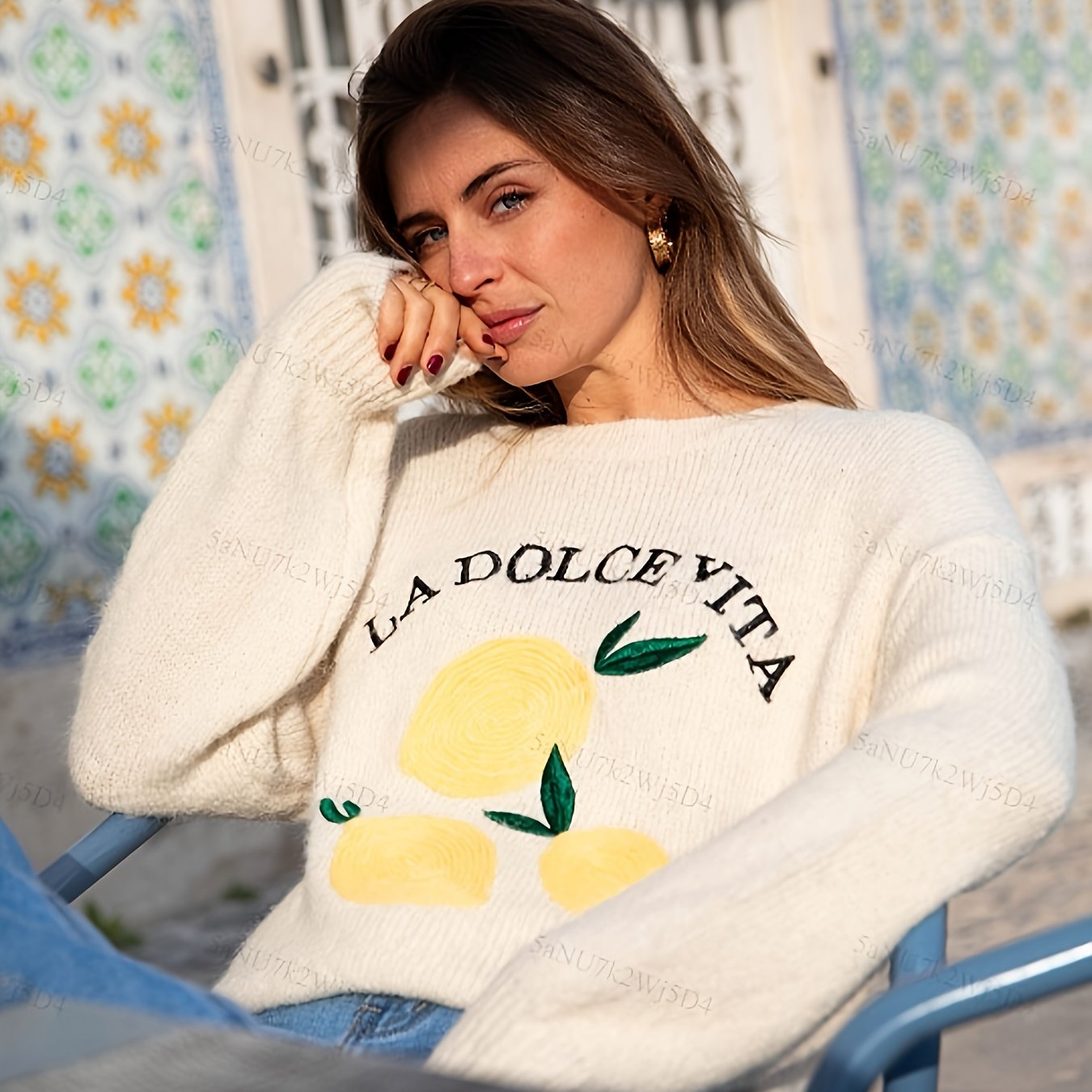 TEMU Damens Casual Dopamin-Frucht-Print Pullover - Zitronen & Grapefruit Design, Rundhals Langarm, Kontrastfarbenblock, Gemütlicher