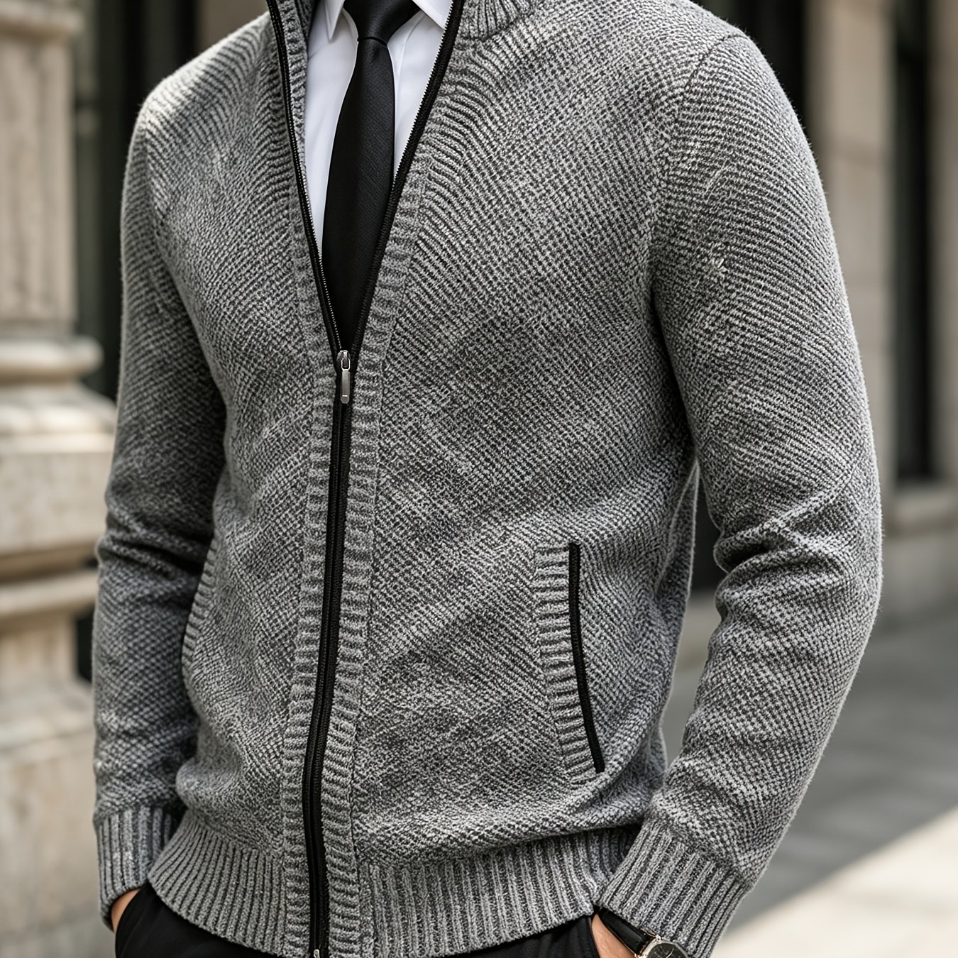 TEMU Men's Gray Full Zip Stand Collar Knitted Sweater Cardigan, Long Sleeve Business Casual Warm Knit Jacket For Autumn Winter Daily Wear Winter