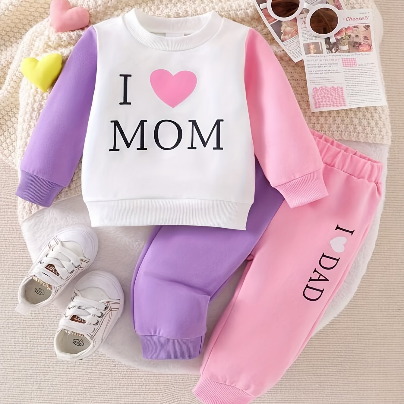Image of P101078 Long-sleeve Color- Top With Letter Print And Pants Set For Baby Girls, For Outdoor