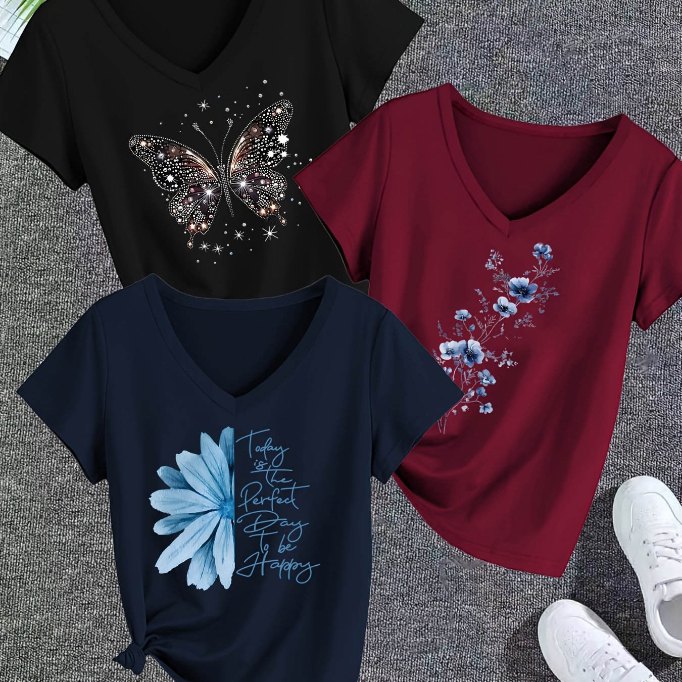 TEMU 3pcs Women's V-neck Short Sleeve Blouses - Shiny & Floral Print T-shirts, Casual Spring Summer Tops, Machine Washable V-neck Shirts For Layering