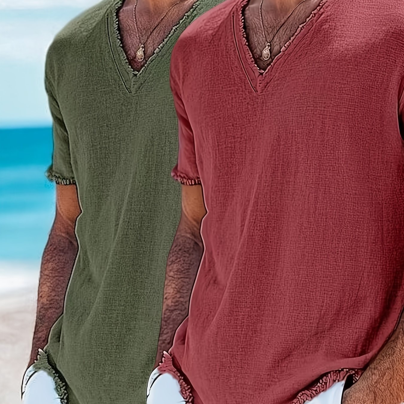 Image of 2pcs Set Men's - Blend -neck Short Sleeve Shirt, Frayed Edge, Lightweight And Breathable, Boho Hippie Style, Loose Summer Beach Vacation Top