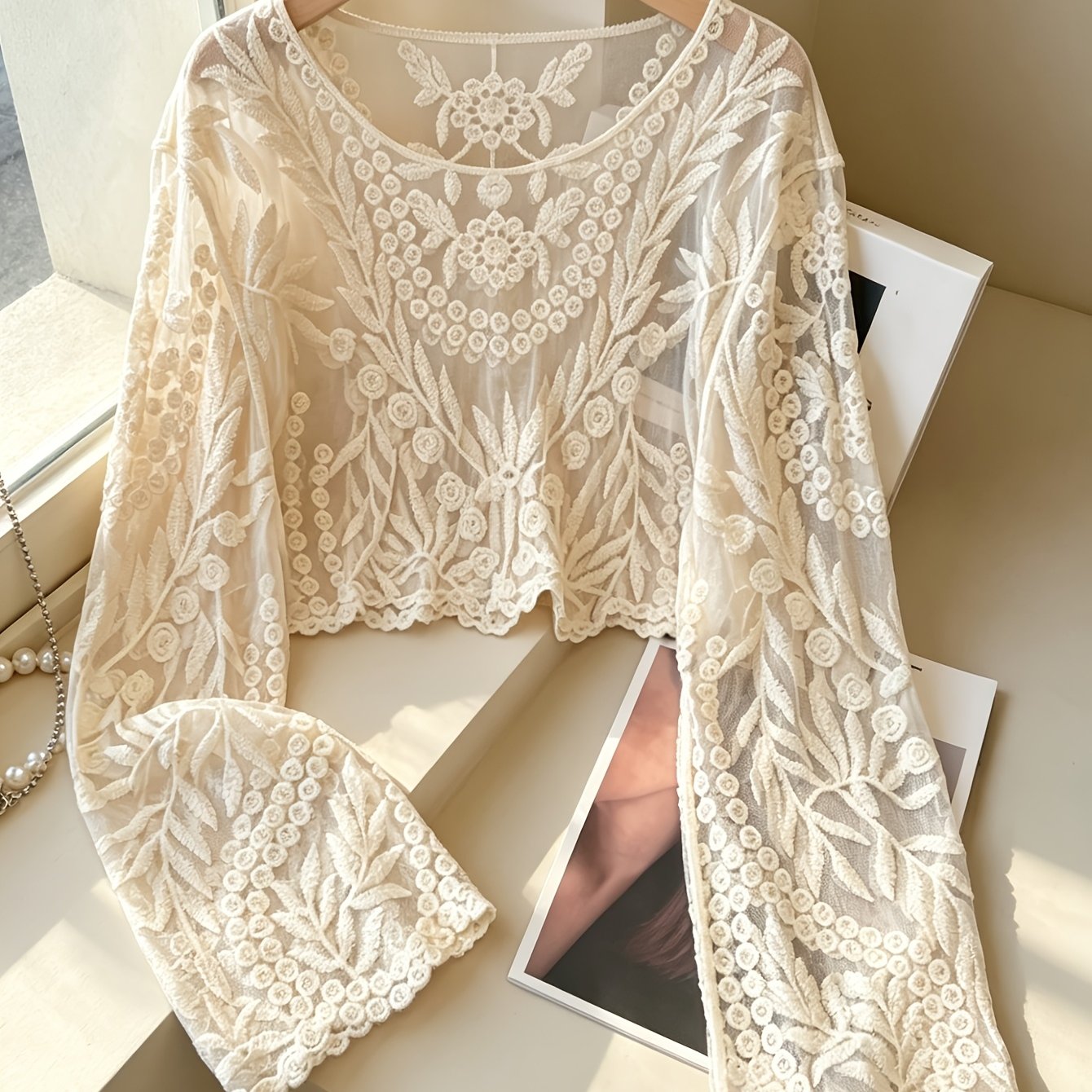 Image of 1pc Bohemian Style Women's Pullover Sweater, Hollow Long Sleeve Round Neck Design, Solid Color Beach Casual Vacation Party Versatile Pullover, Music Festival, Pool Party, Sexy