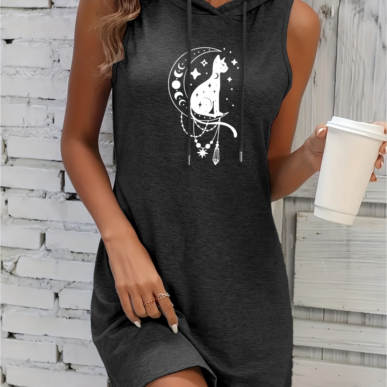 TEMU Women's Casual Rayon Hooded Dress With Moon Cat & Stars Print - Stretchy Mid-weight Fabric, Machine Washable Spring/summer Dress For Casual