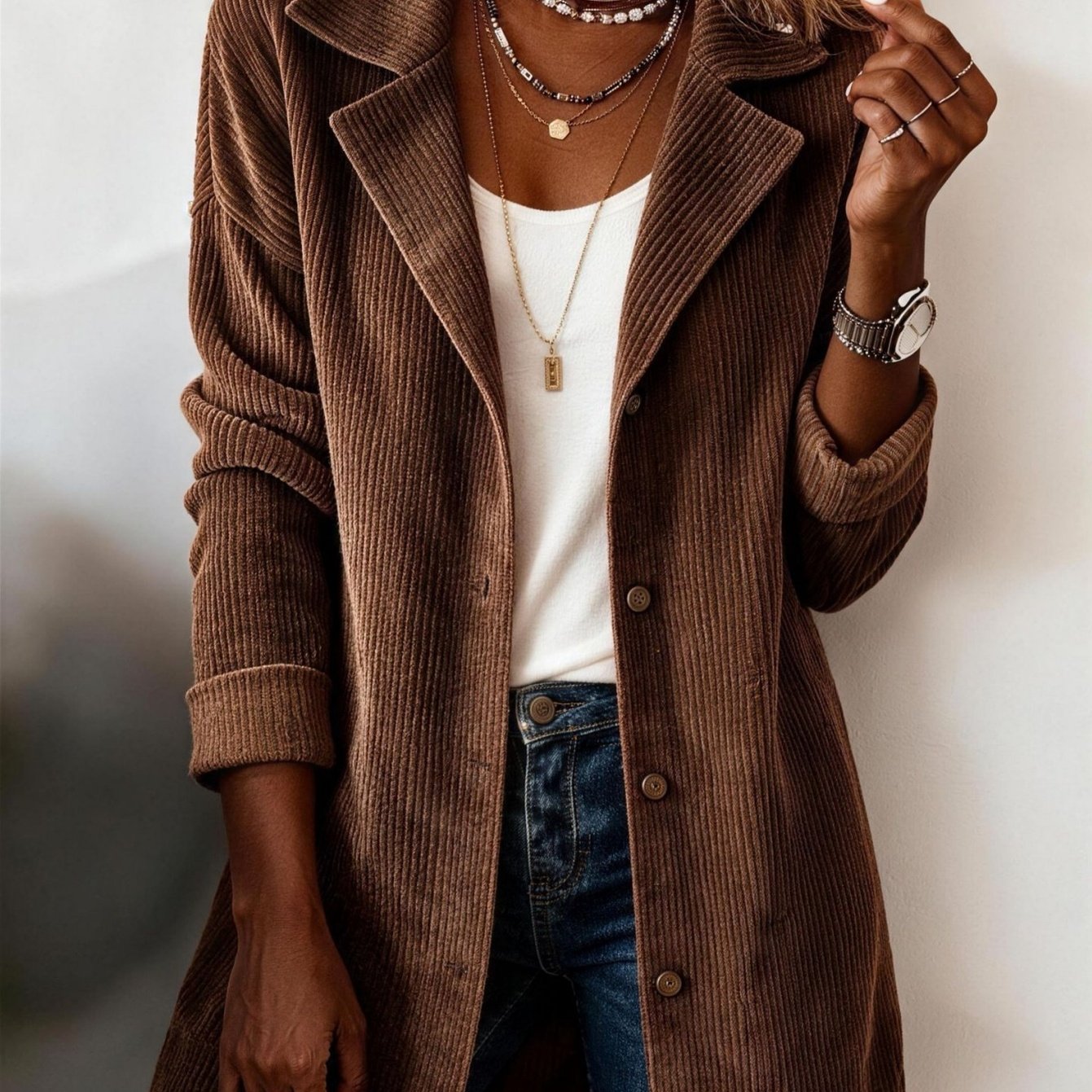 TEMU Women's Corduroy Lapel Collar Jacket, Fall Winter Vintage Casual Single Breasted Long Sleeve Loose Mid-length, Soft Fashion Outerwear For Daily
