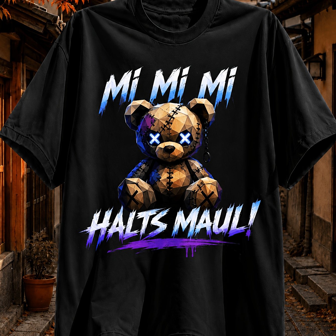 Image of Men's T-shirt Mi Mi Mi German Quote Stitched Teddy Bear With Glowing X Eyes Zipper And Paint Unisex All T-shirt Plus Size