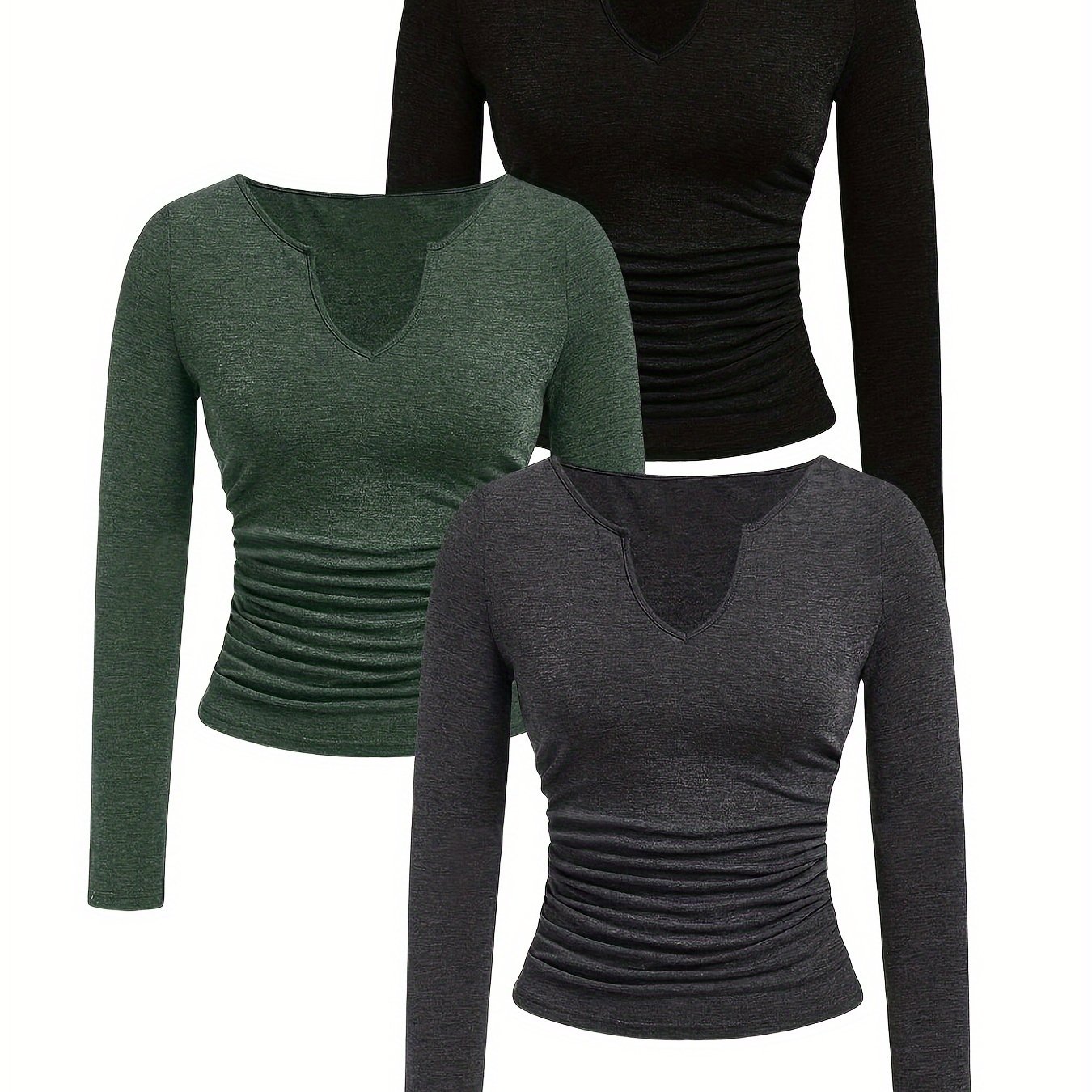 Image of Spring And Summer Solid Color Notch Neck T-shirt, Elegant Pleated Long Sleeve T-shirt For Women