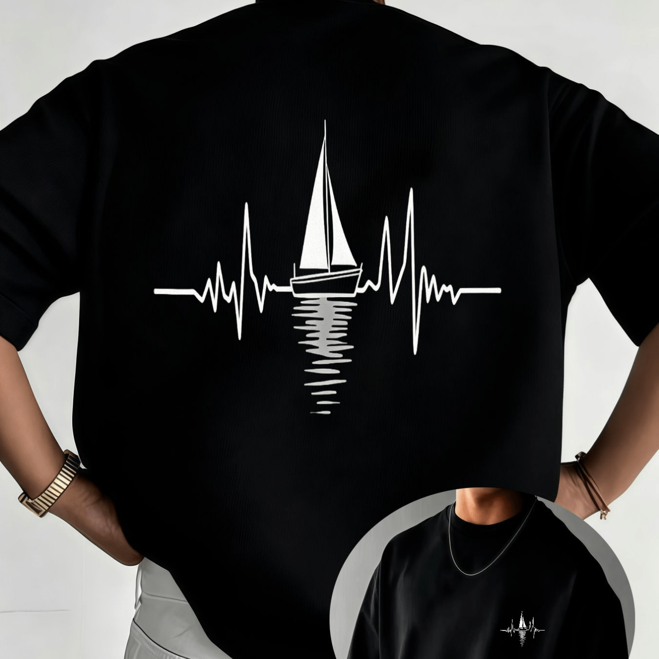 TEMU Heartbeat And Sailing Men's T-shirt - Minimalist Style Clipper Ship And Ecg , Casual Round Neck Style, Suitable For Occasions, Showcasing The Of