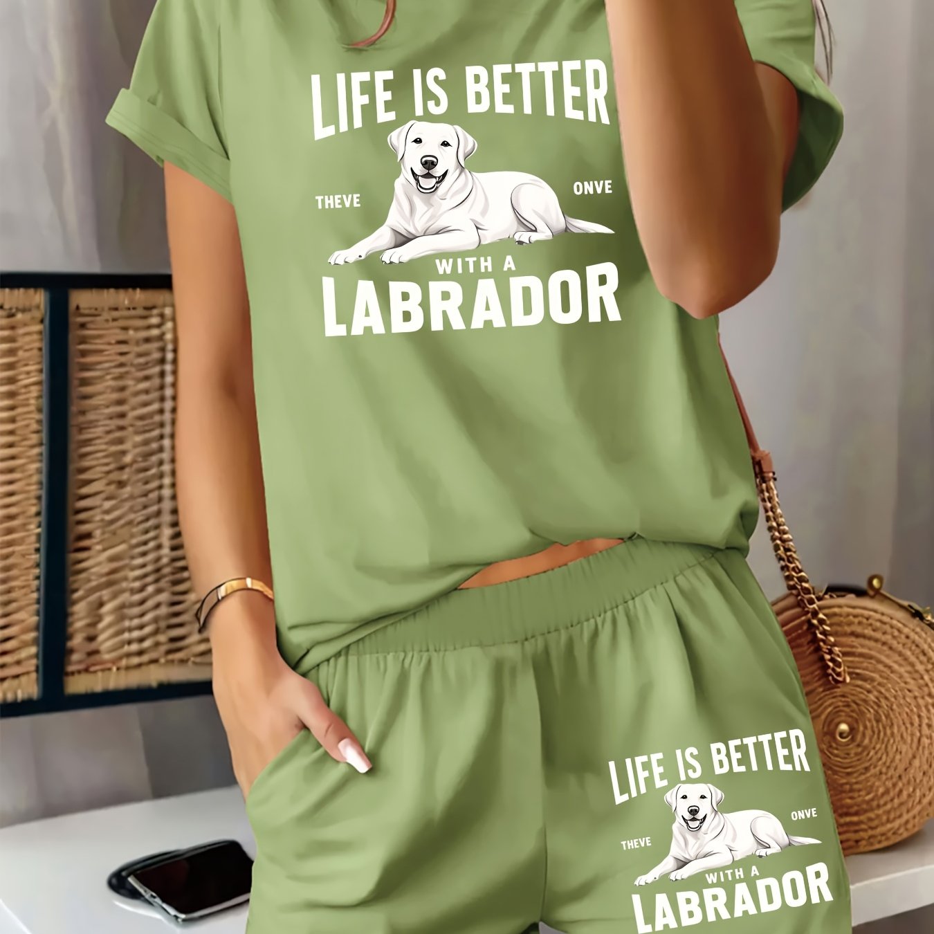 TEMU A Stylish And Comfortable Women'-piece Set Featuring A White Labrador , Complete With A Round-neck Short-sleeve T-shirt That ' Better With A