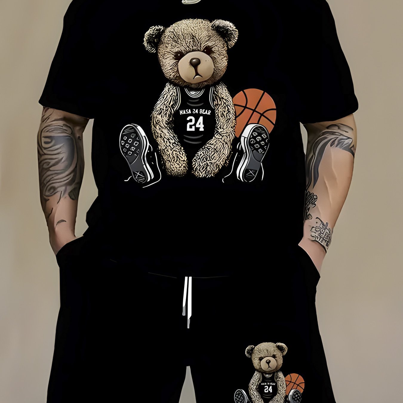 TEMU T-shirt graphique noir élégant avec motif d'ours en peluche et de basketball, parfait pour un look décontracté pour hommes. Cet ours en peluche