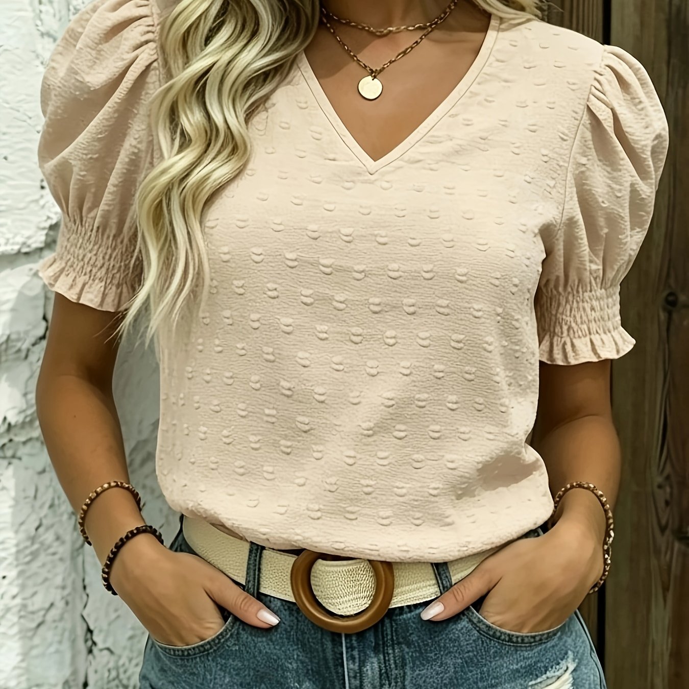 TEMU Elegant Women's Summer Short Sleeve Blouse Puff Sleeve Top Casual Versatile