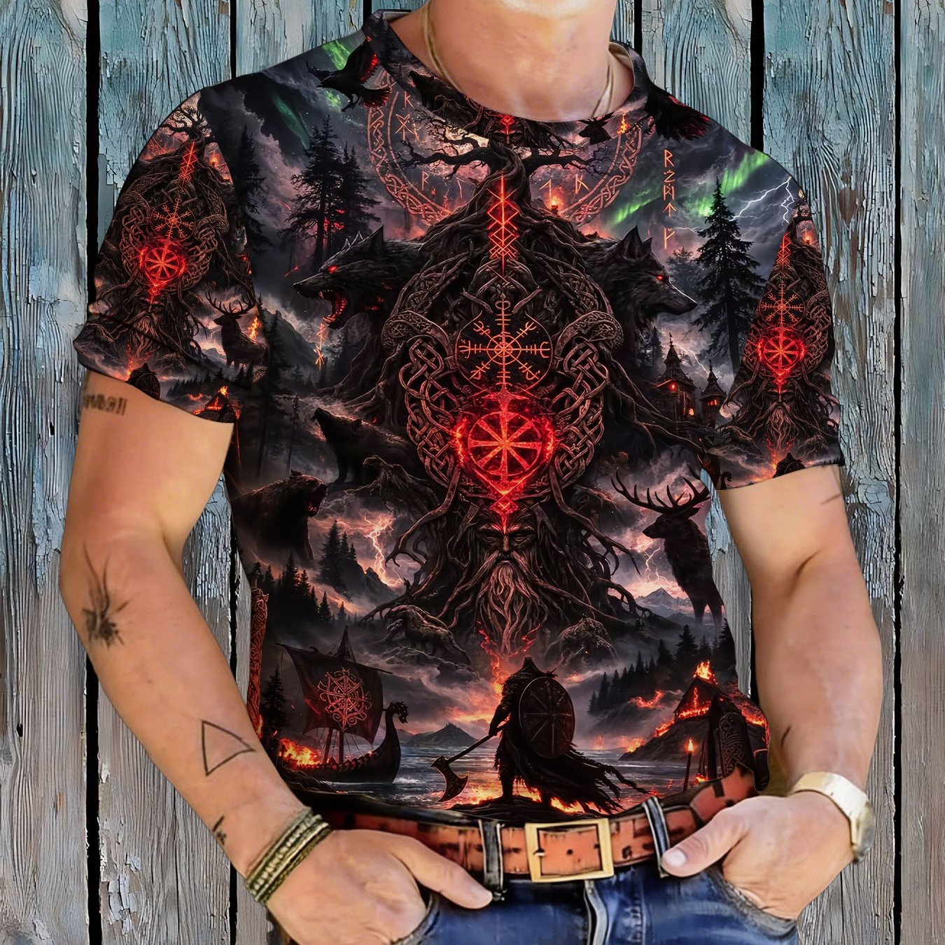 TEMU Viking Mythology Tree T-shirt, Polyester Norse Symbol Graphic Tee For Men, Celtic Knot Wolf Print Top, Vintage Nordic Style Casual Shirt With