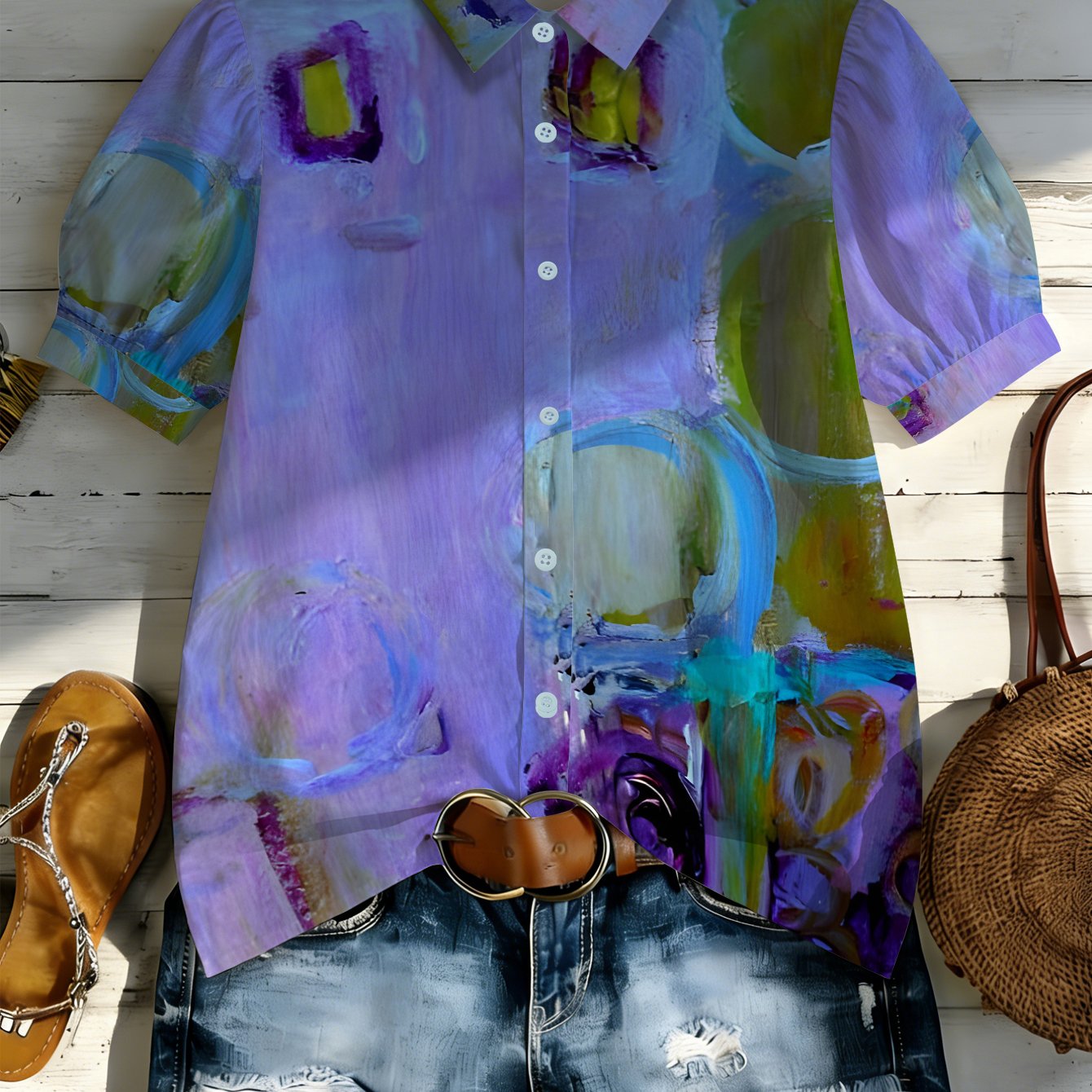 TEMU Short-sleeve Shirt With Abstract Purple And Green Pattern, Suitable For Casual , , And Summer Events