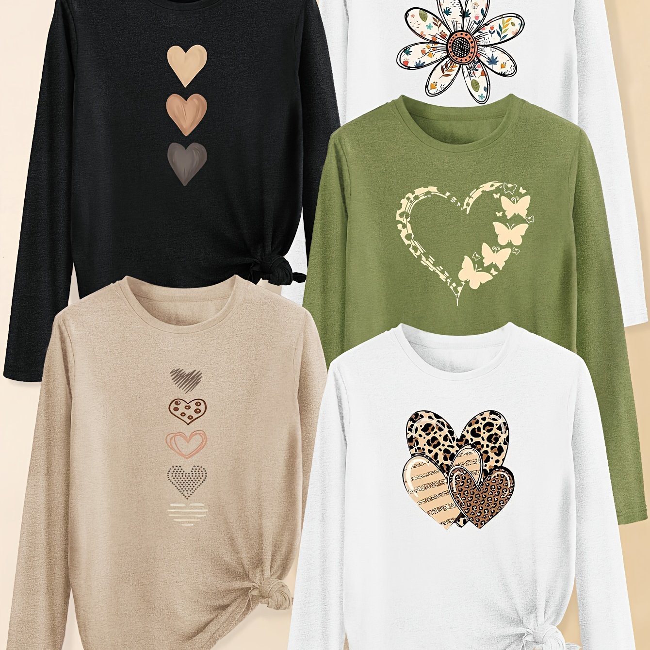 TEMU Set Of 5 Matching Outfits For Sisters, Featuring A Geometric Heart Cut-out Leopard Print Design With A Floral Round Neck Long Sleeve T-shirt In