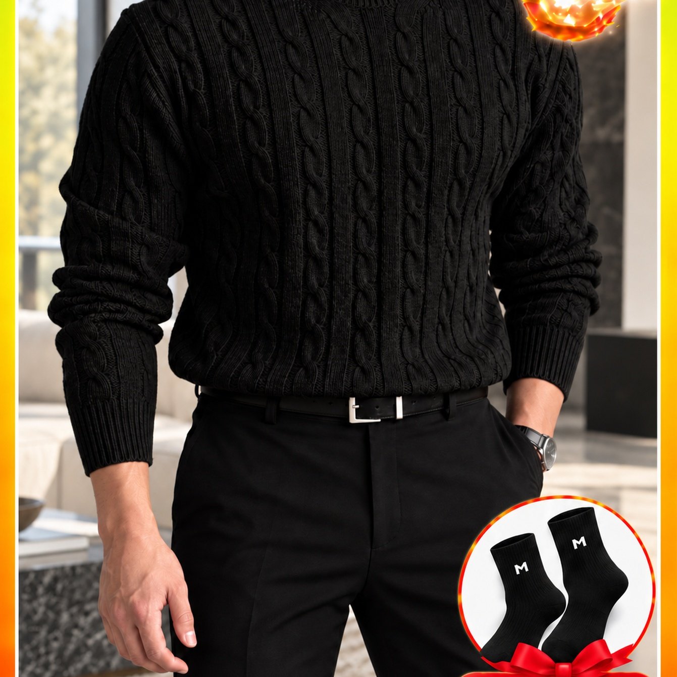 Image of Aw26 Men's Retro Cable-knit Crew Neck Sweater, Autumn/winter Warm Knit Pullover, Versatile Long-sleeve Knit Top For Commuting, Includes Socks