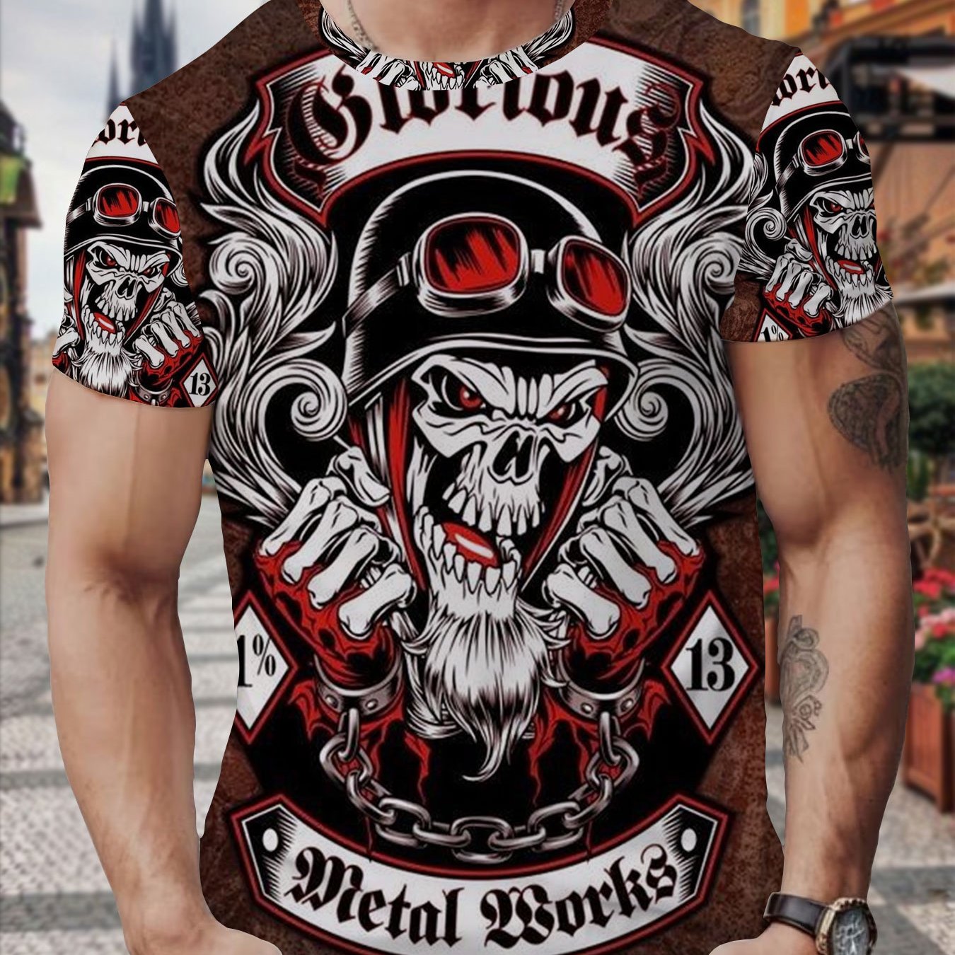 TEMU Men's 3d Polyester T-shirt With Cool Skull Biker Graphic, Vintage Gothic Style Short Sleeve Tee, 1% 13 Print, Breathable Casual Top For