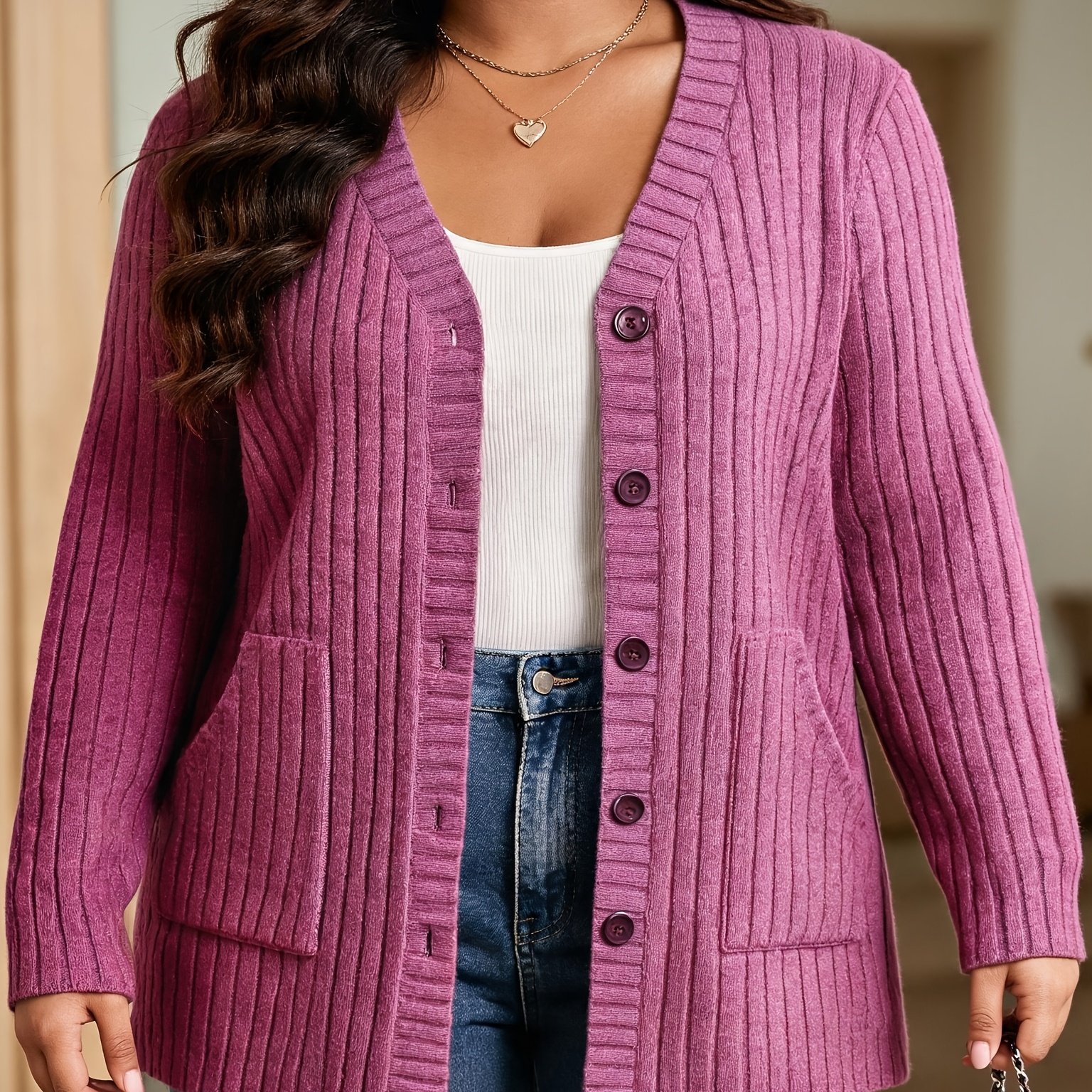 TEMU Plus Size, Women's Plus Size Loose Fit Cardigan, Vertical Ribbed V Neck Long Sleeve Button Casual Outerwear