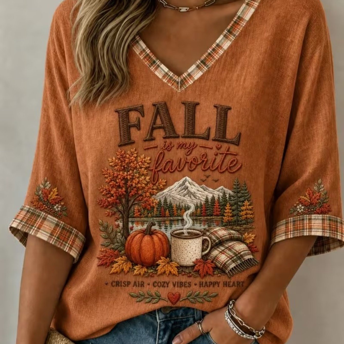 TEMU Women's Autumn Fall Letter Pumpkin Graphic Print V-neck Half Sleeve T-shirt, Plaid Trim , Comfortable Loose Fit Casual