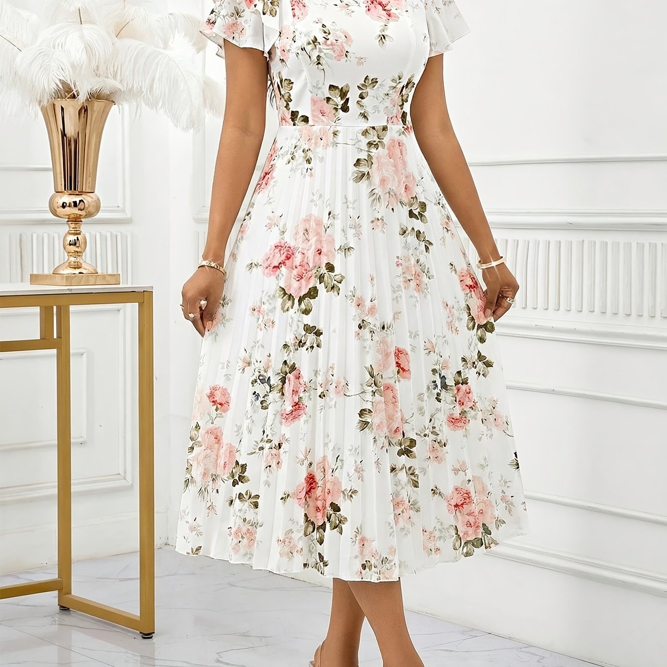 TEMU Women's Floral Print Midi Dress With Pleated Waist, Elegant And Suitable For Parties