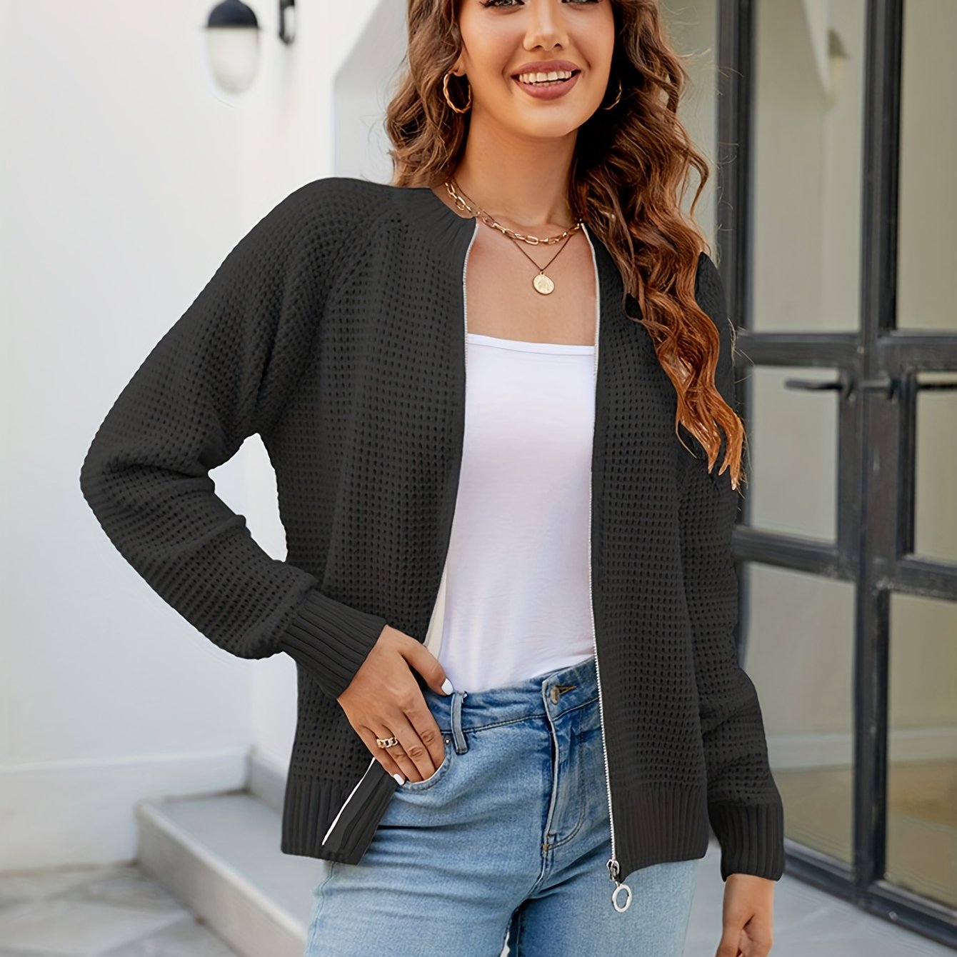 Women's Cardigan With A Zipper And Round Neck