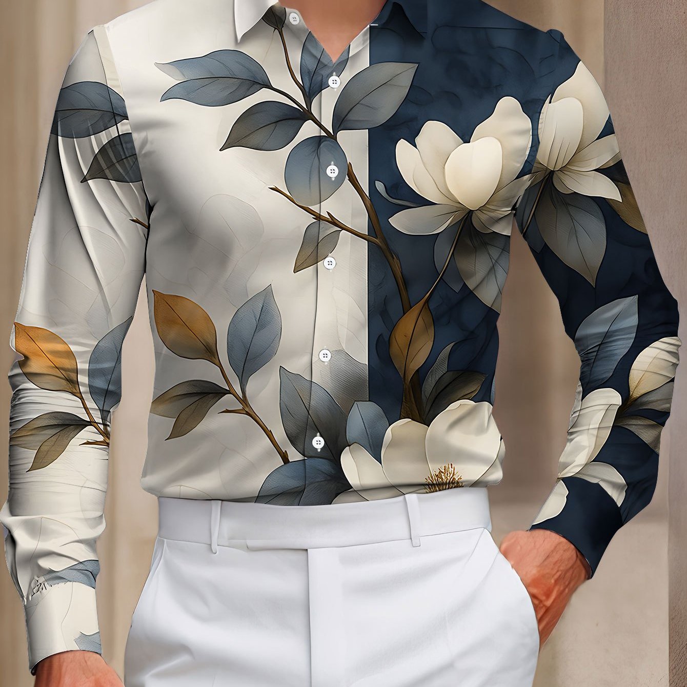 TEMU Men's Long-sleeve Print Shirt In Blue And White Featuring Floral Designs With Magnolia Leaves, Designed In A Minimalist Illustration Style. This