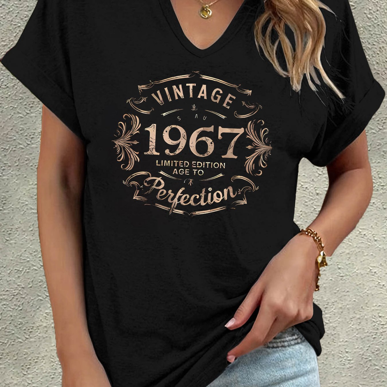 TEMU 1967 Edition Letter Print Short-sleeve V-neck T-shirt For Summer Casual Wear, Trendy Women's Clothing